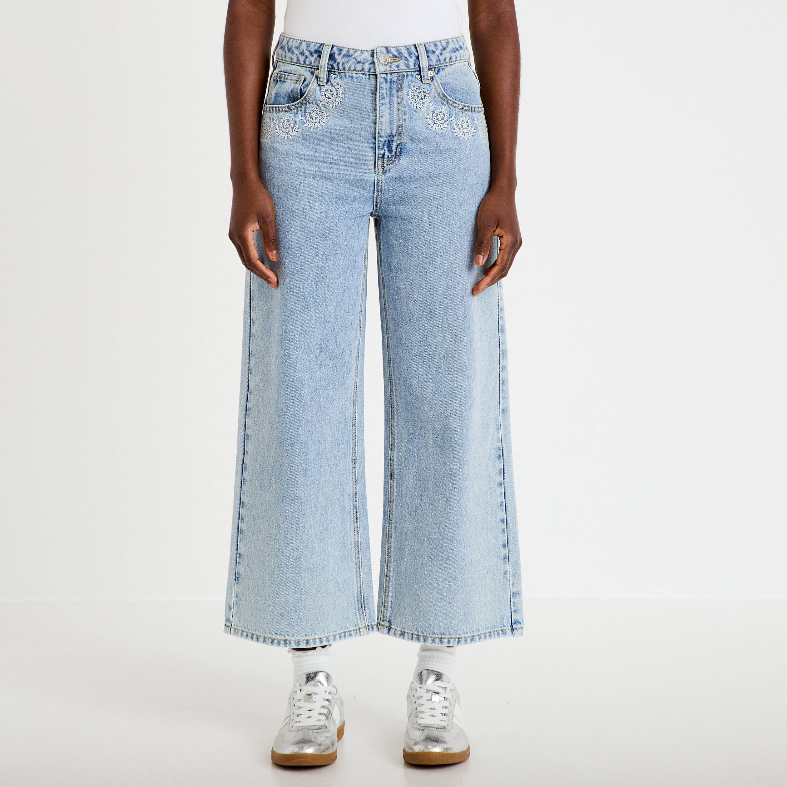 Jean wide leg cropped taille standard denim bleach femme