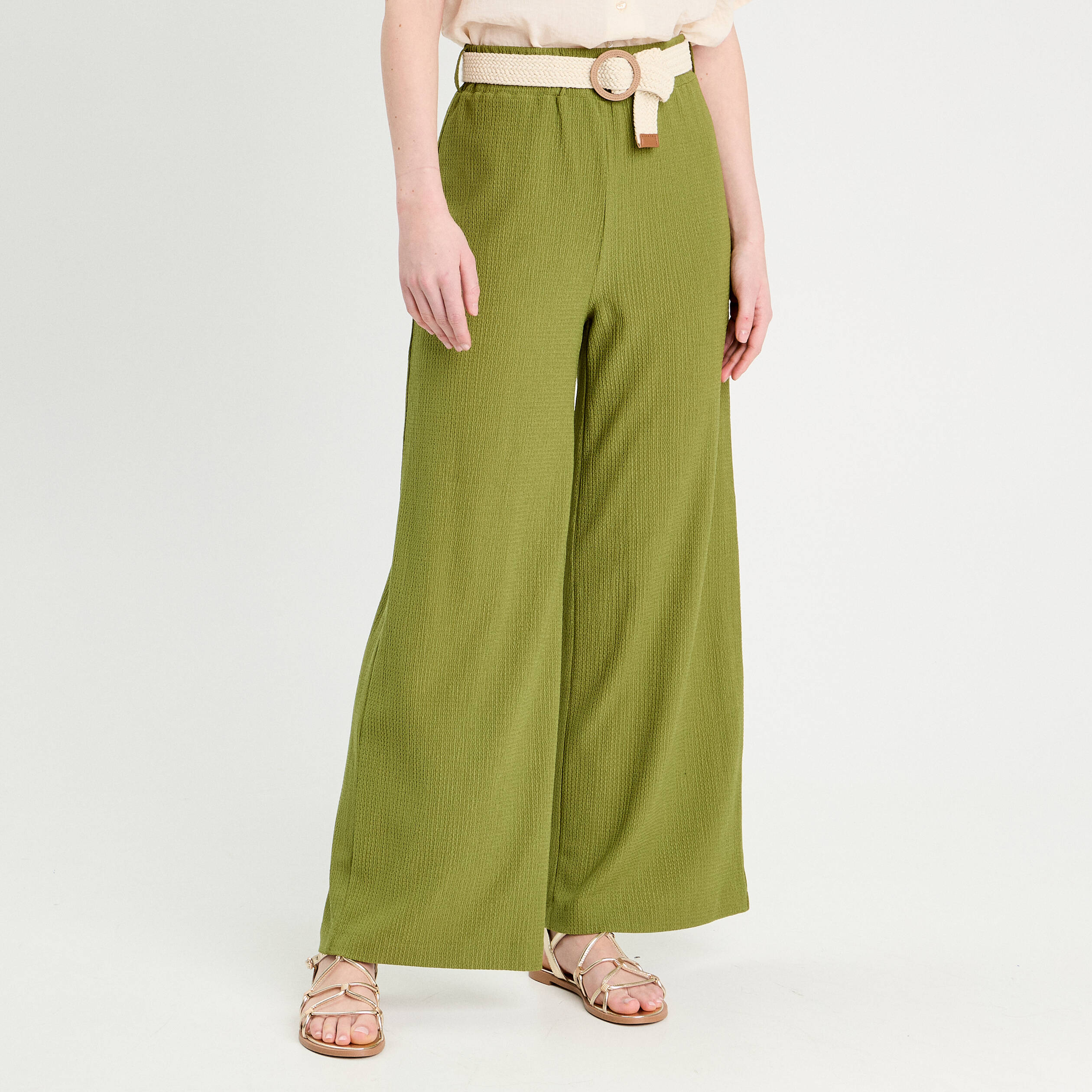 Pantalon large fluide ceinturé vert foncé femme