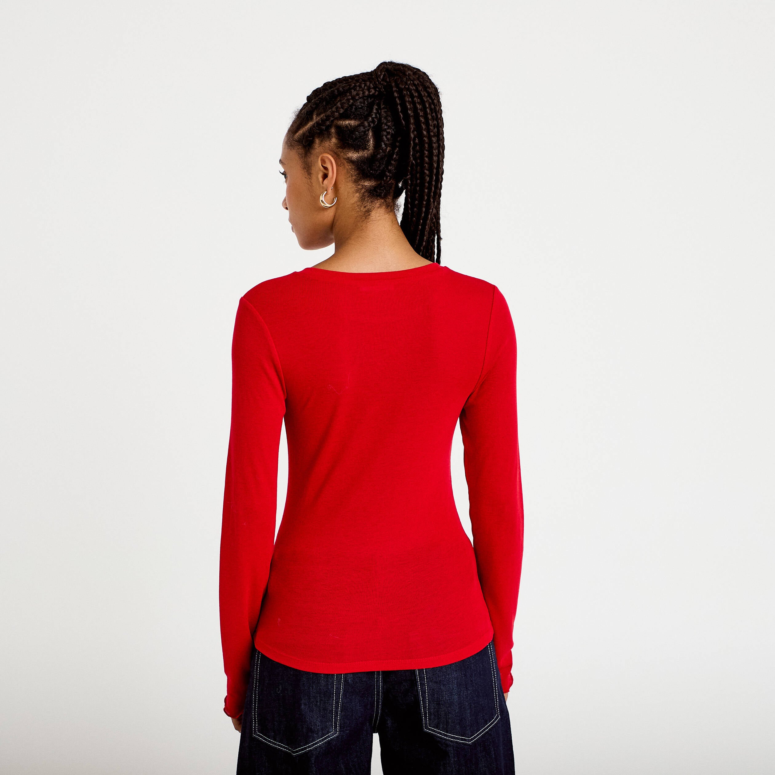 T-shirt ajust&eacute; col rond manches longues rouge femme
