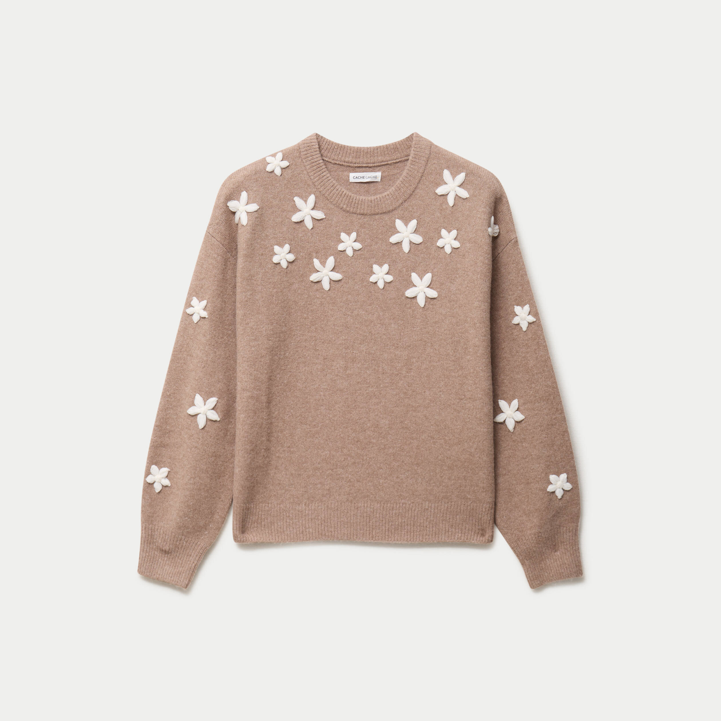 Pull oversize brod&eacute; manches longues beige femme