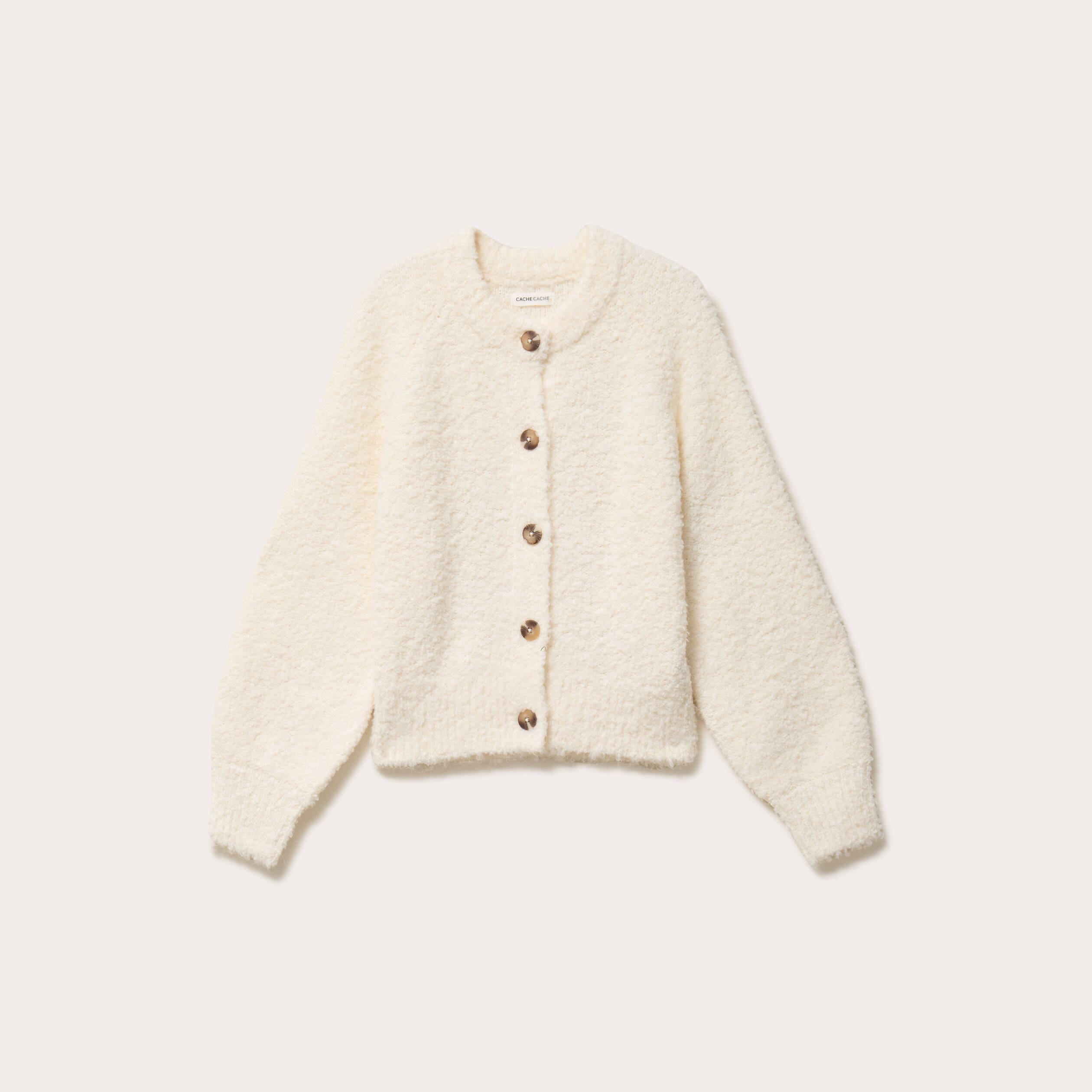 Gilet bouclette col rond manches longues ivoire femme