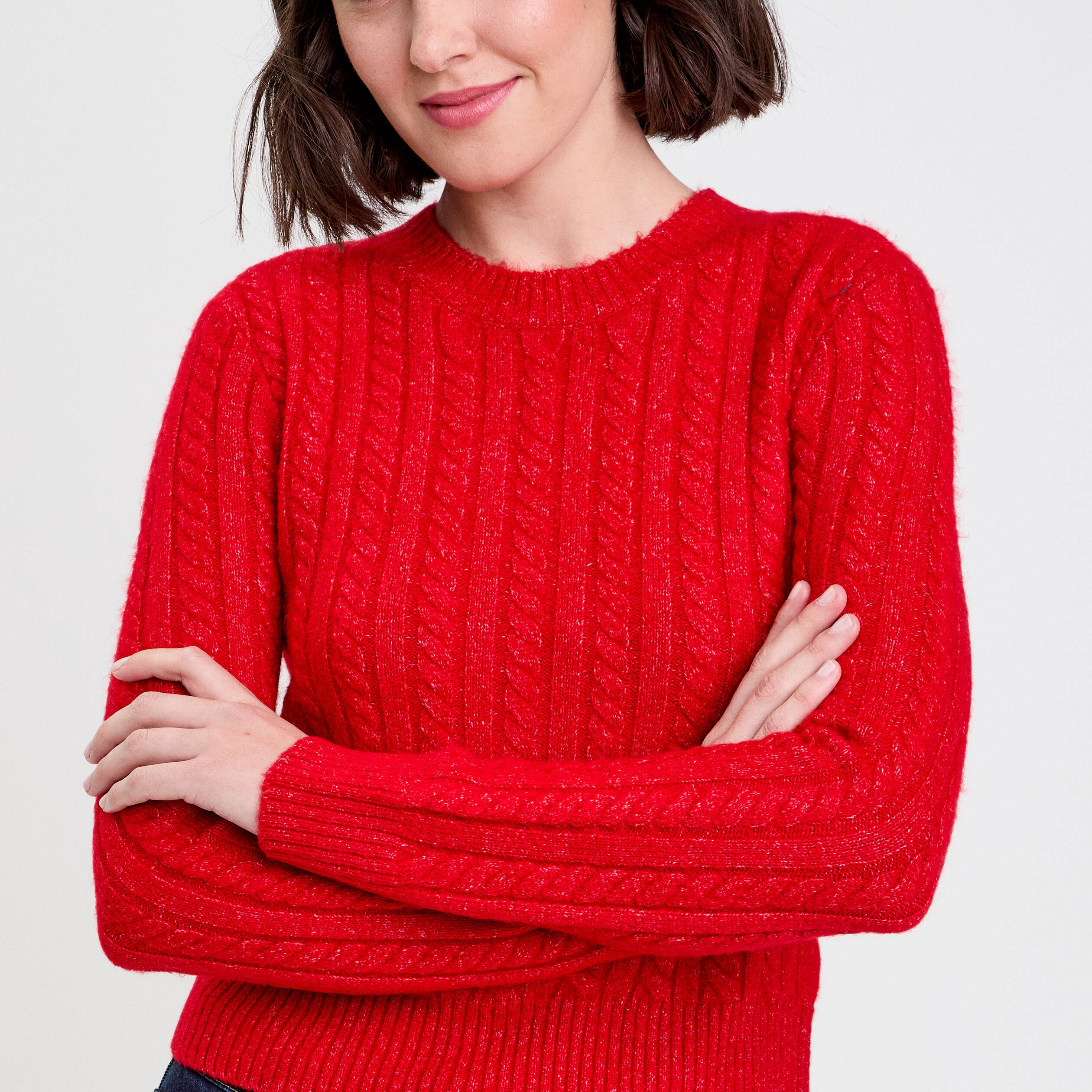 Pull ajust&eacute; col rond manches longues rouge femme