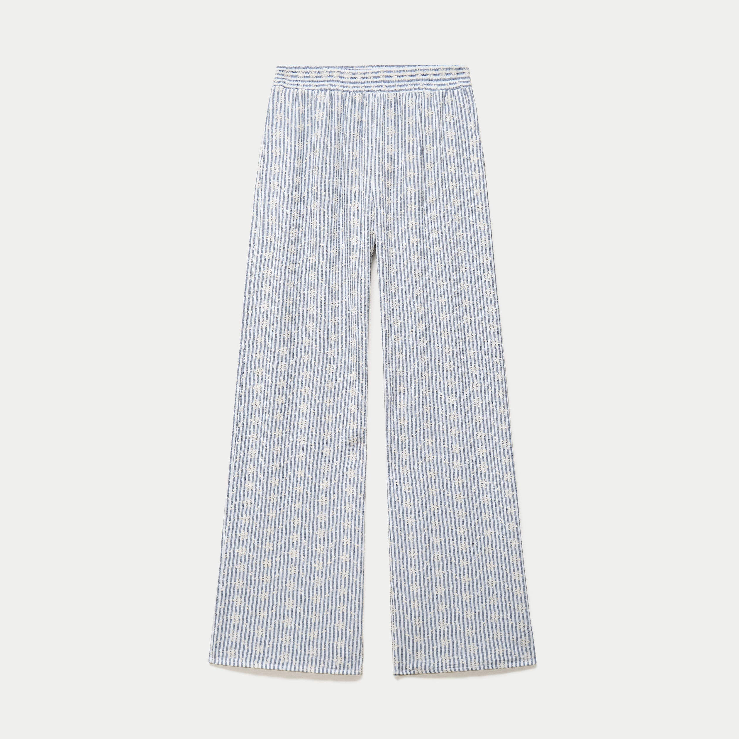Pantalon large brod&eacute; bleu marine femme