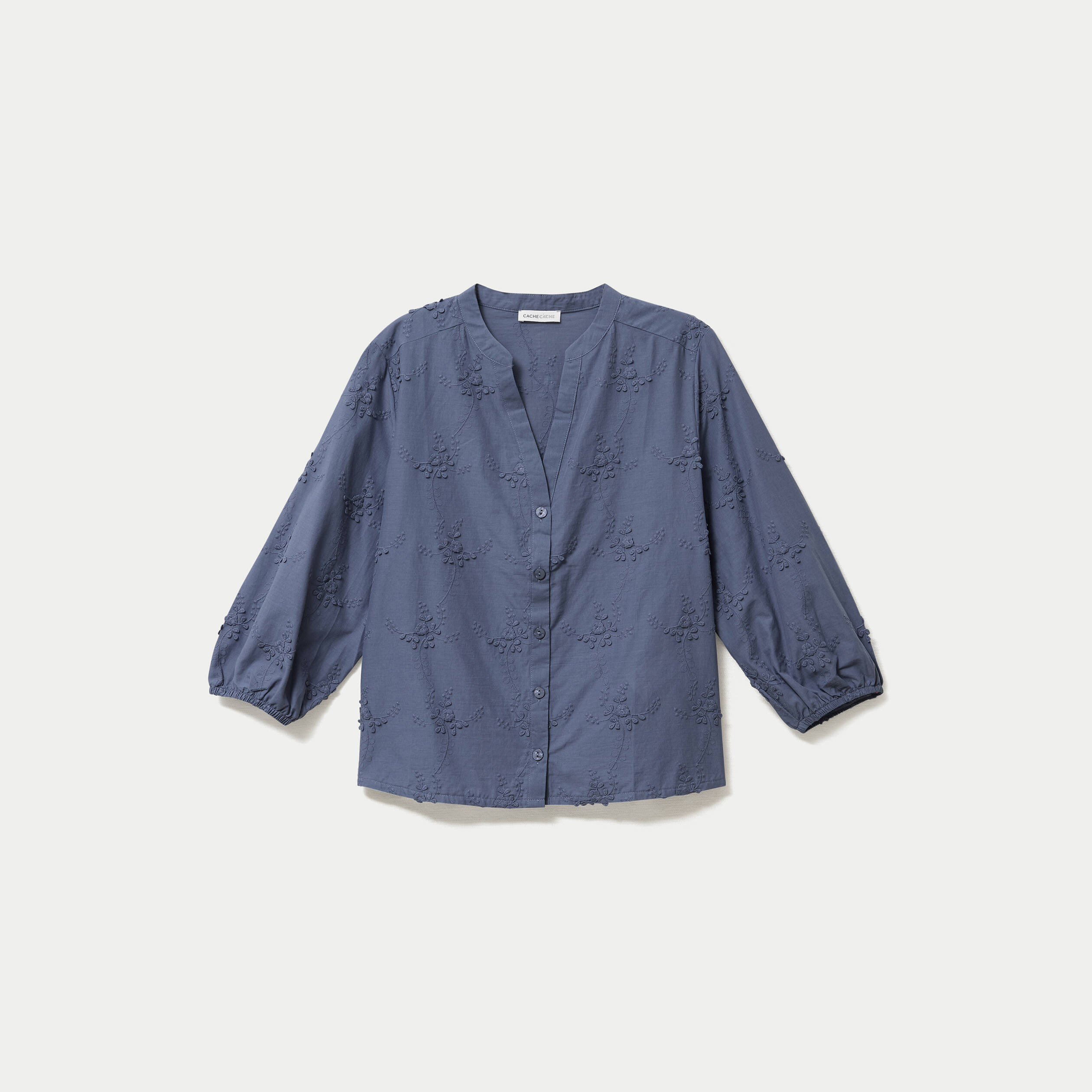 Blouse brod&eacute;e col mao manches 3/4 bleu gris femme