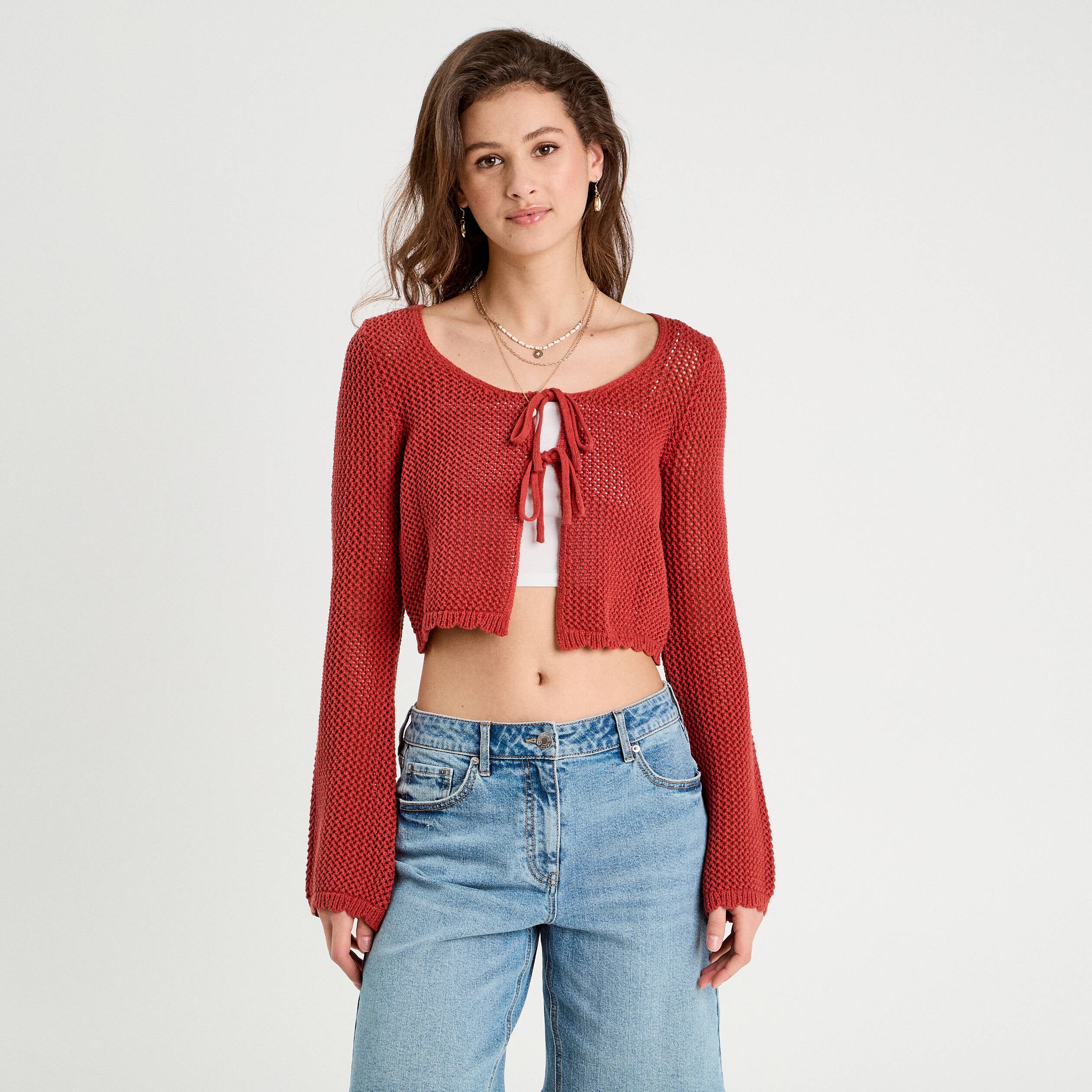 Gilet nou&eacute; court rouge femme