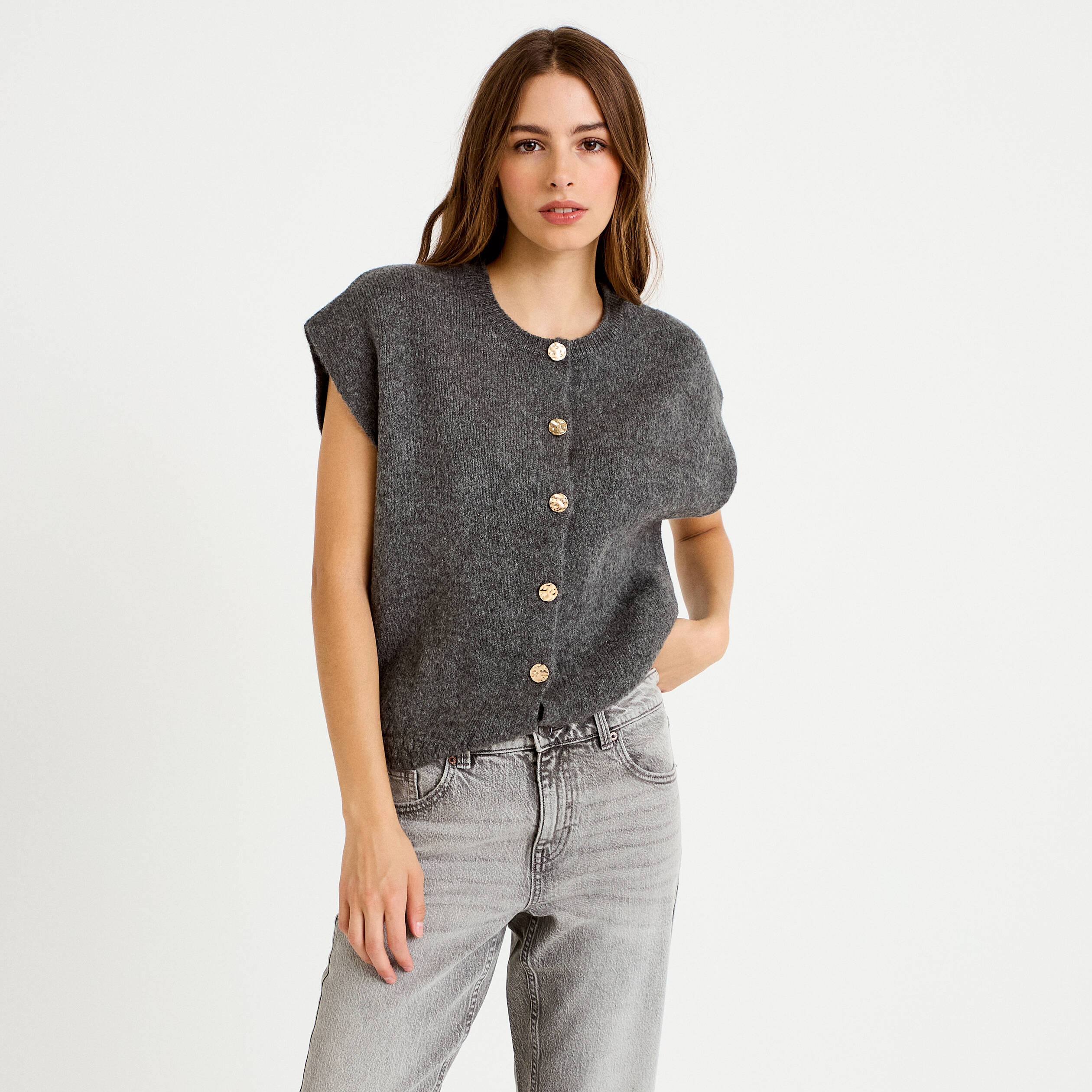 Gilet ample sans manches gris fonc&eacute; femme