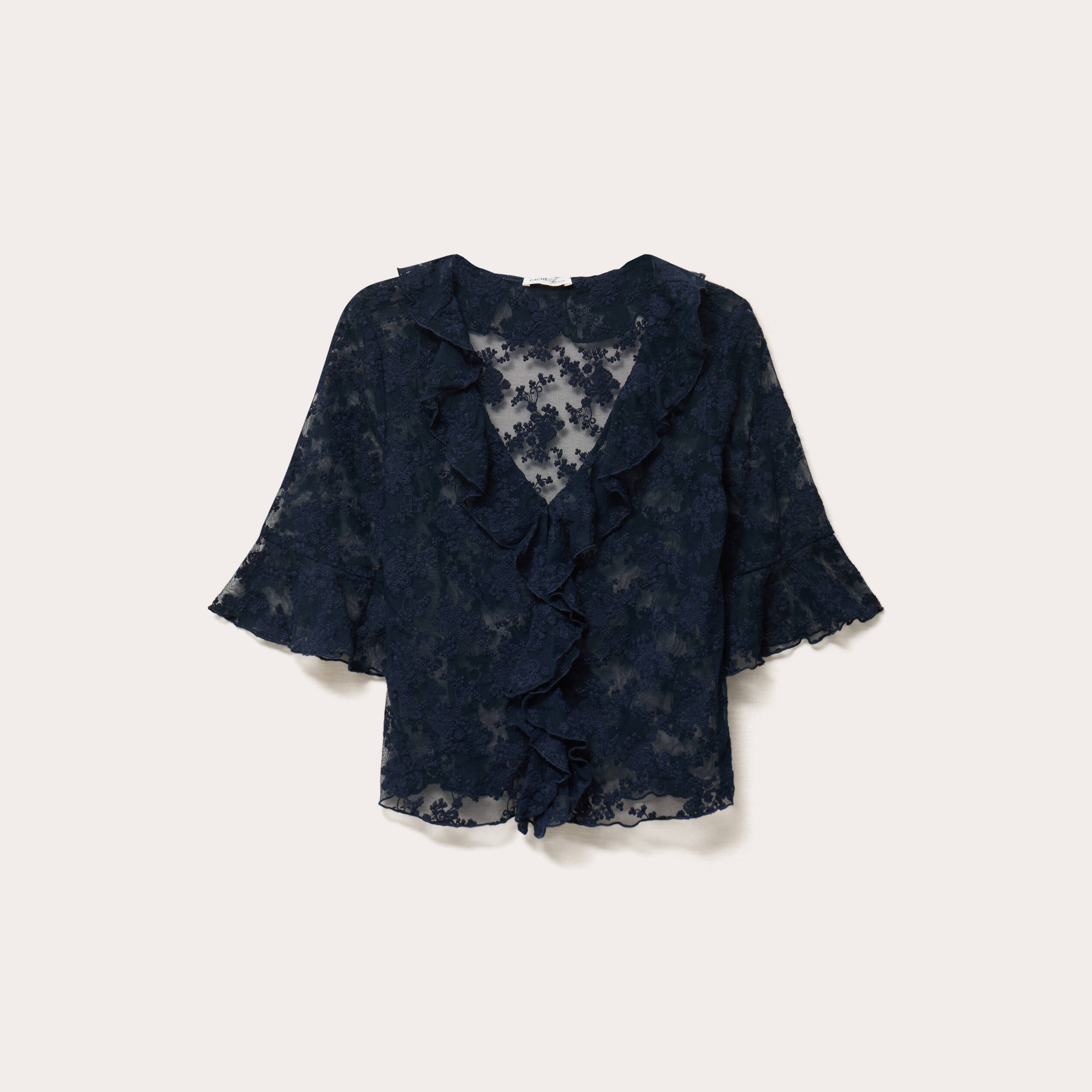 Blouse dentelle &agrave; volants bleu marine femme