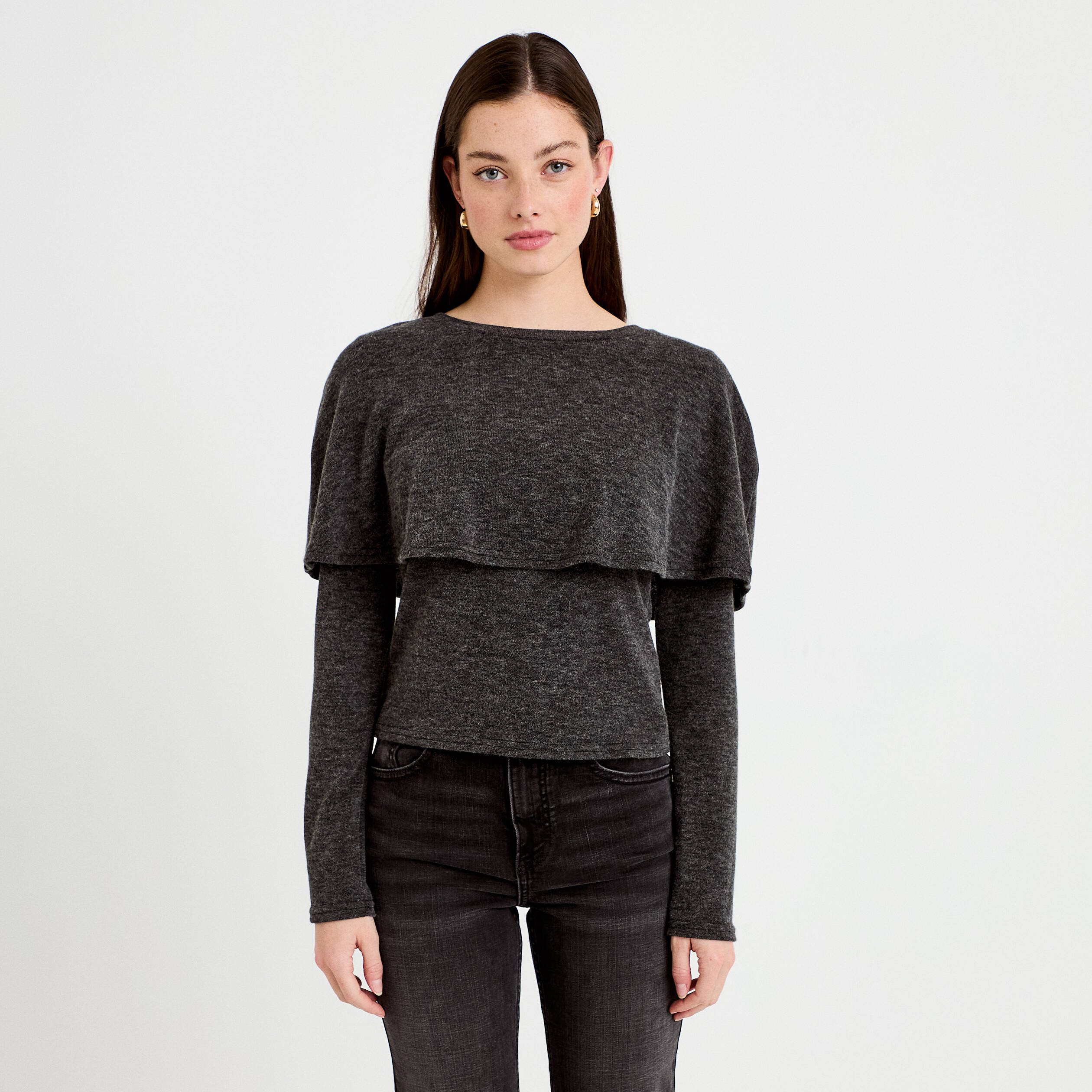 Pull cape col rond manches longues gris fonc&eacute; femme