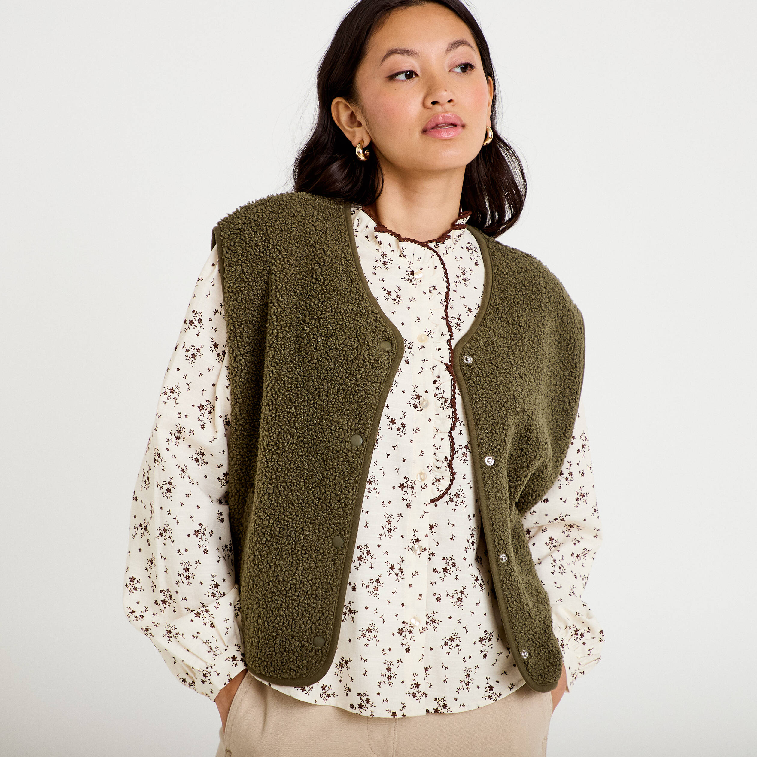 Gilet sans manches effet polaire vert kaki femme