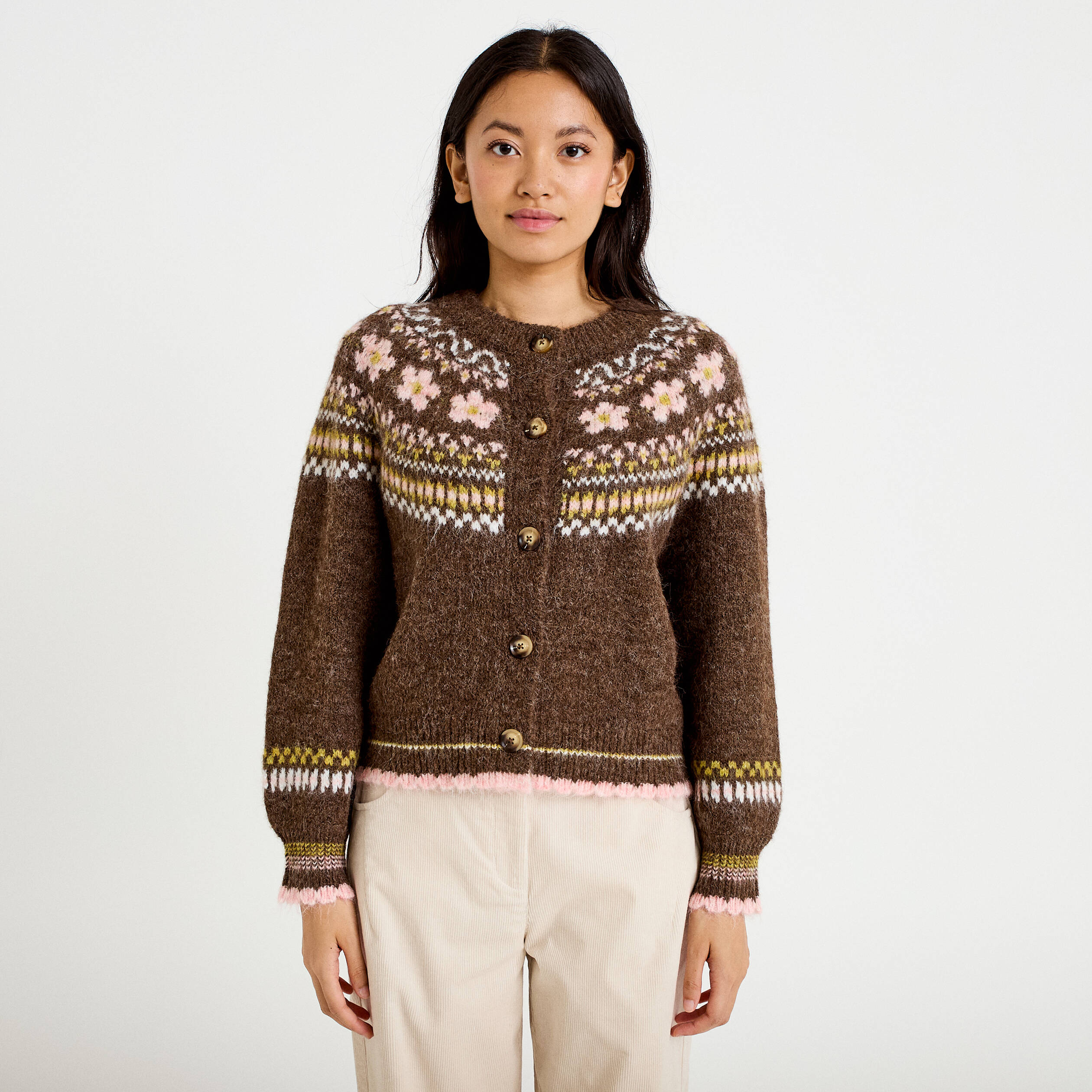 Gilet ample col rond manches longues marron fonc&eacute; femme