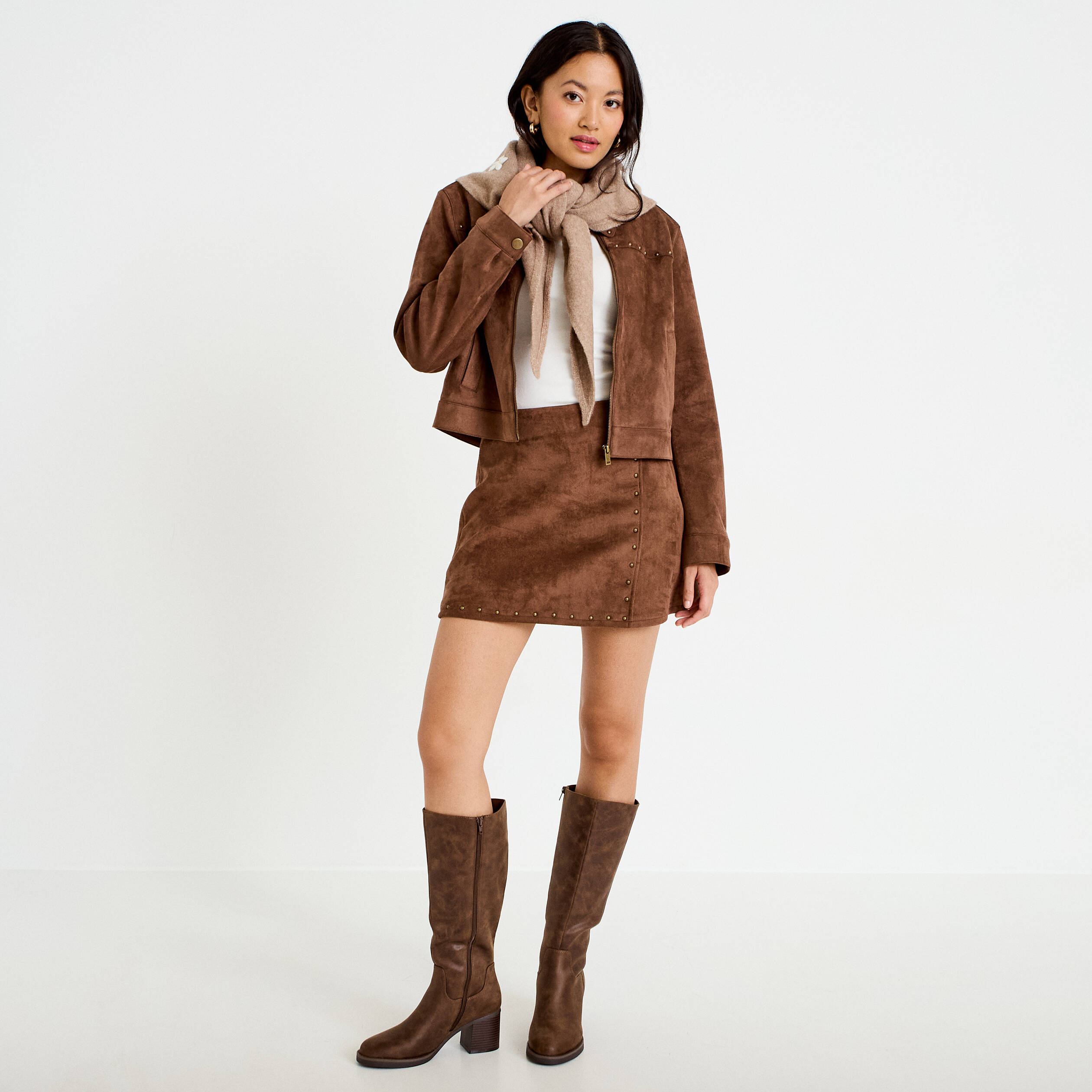 Veste droite cropped col tailleur marron femme
