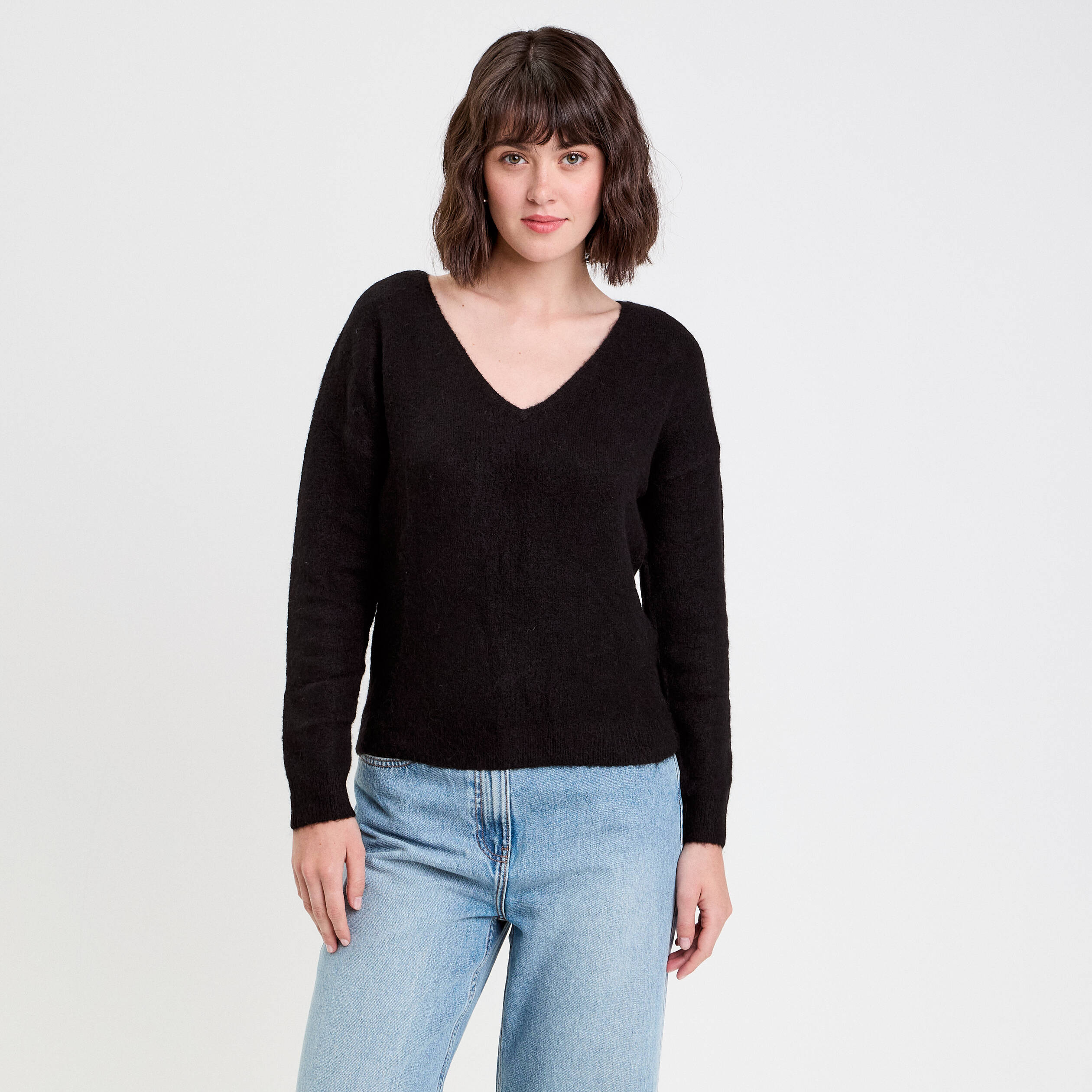 Pull avec col en V noir femme
