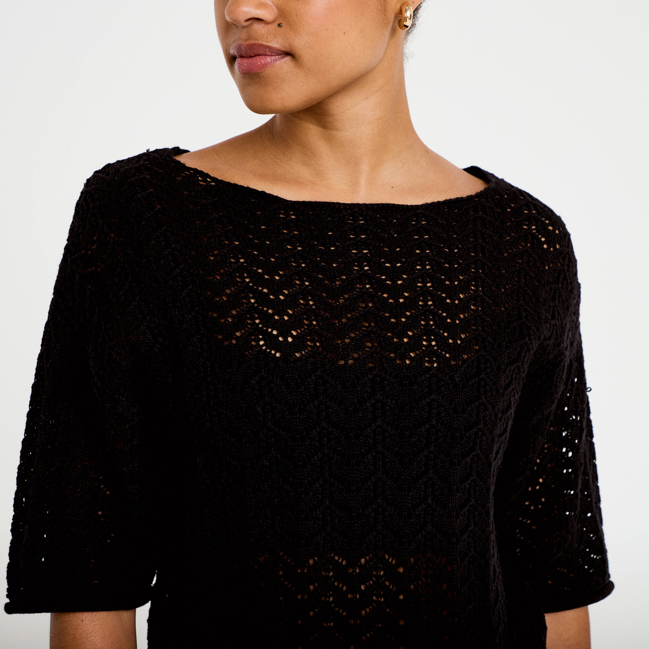 Pull ajour&eacute; aspect dentelle col rond noir femme