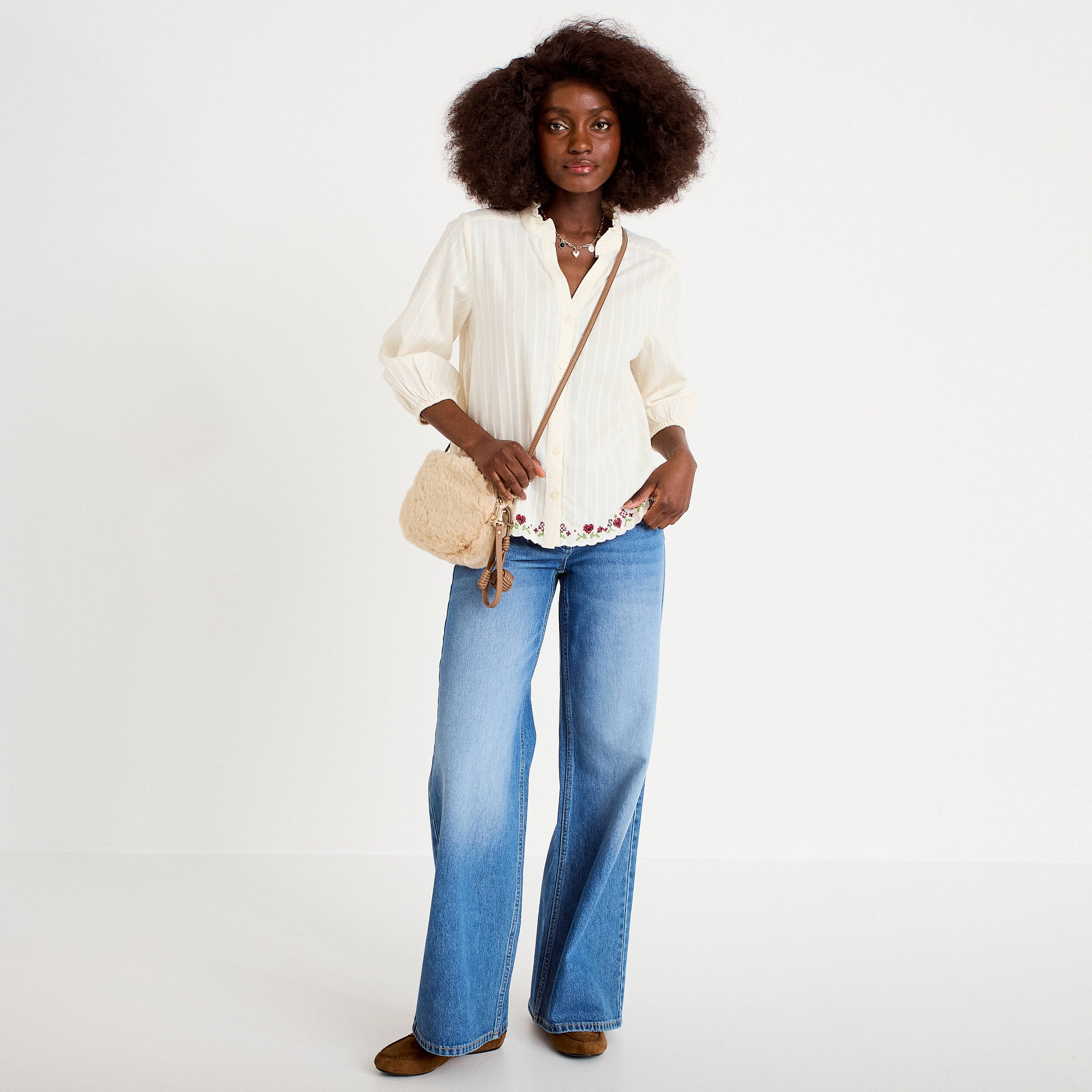 Blouse broderie col v manches 3/4 ecru femme
