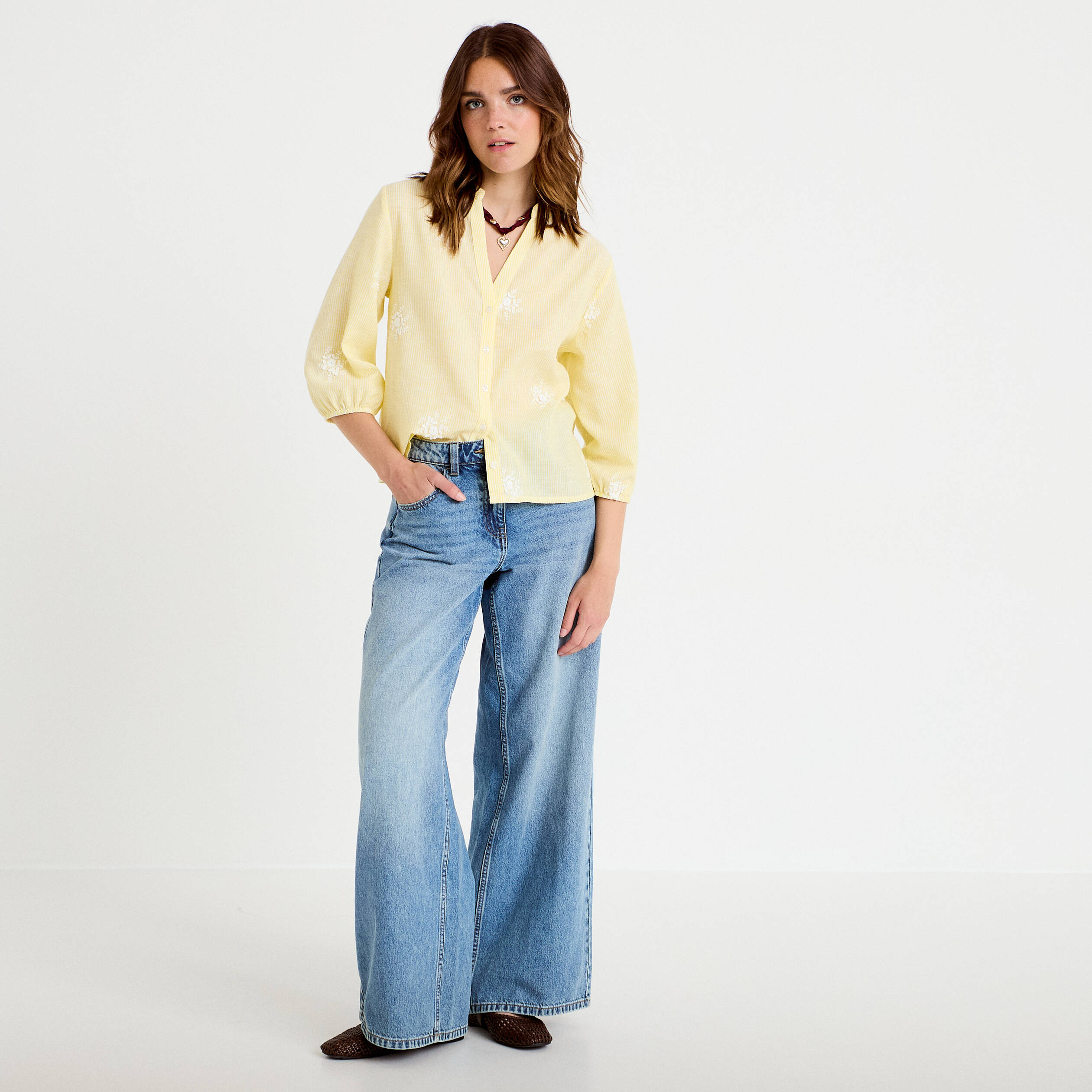 Blouse col tunisien jaune femme
