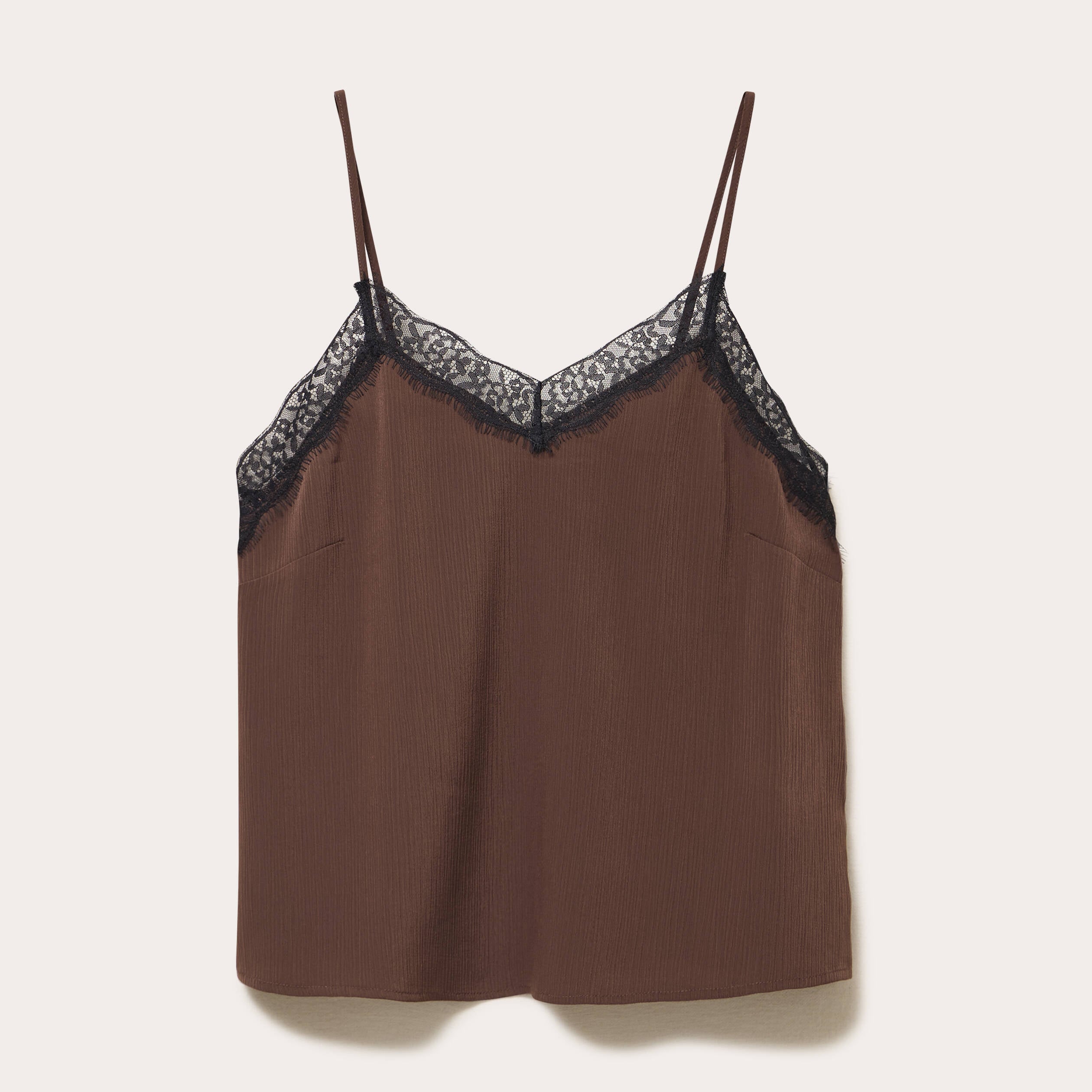 Top ajust&eacute; col v fines bretelles marron fonc&eacute; femme