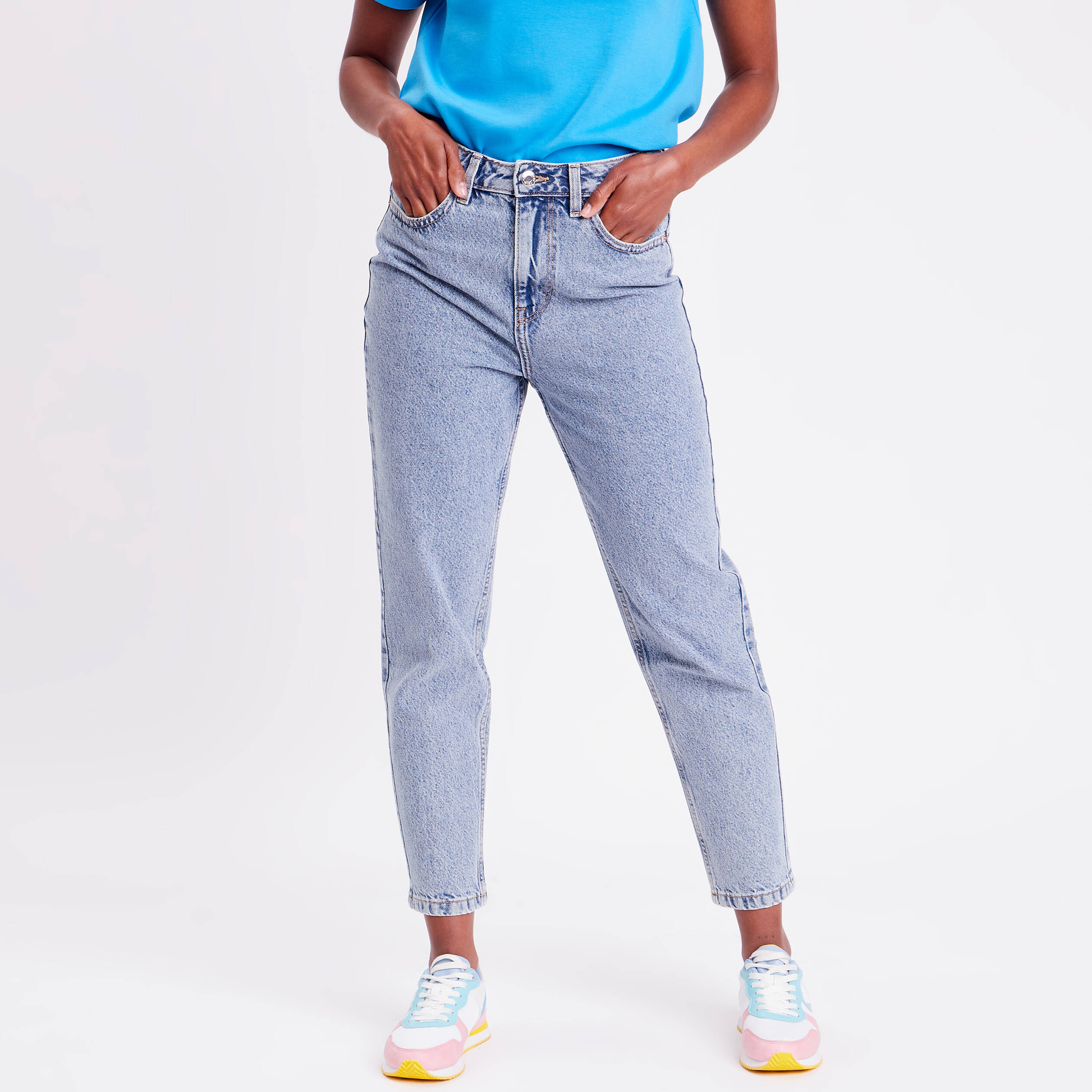 Jeans mom taille haute denim bleach femme