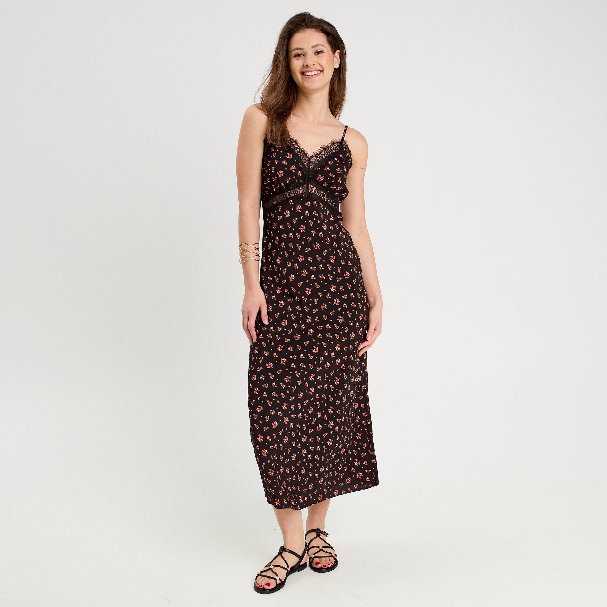 Robe longue droite bretelles noir femme
