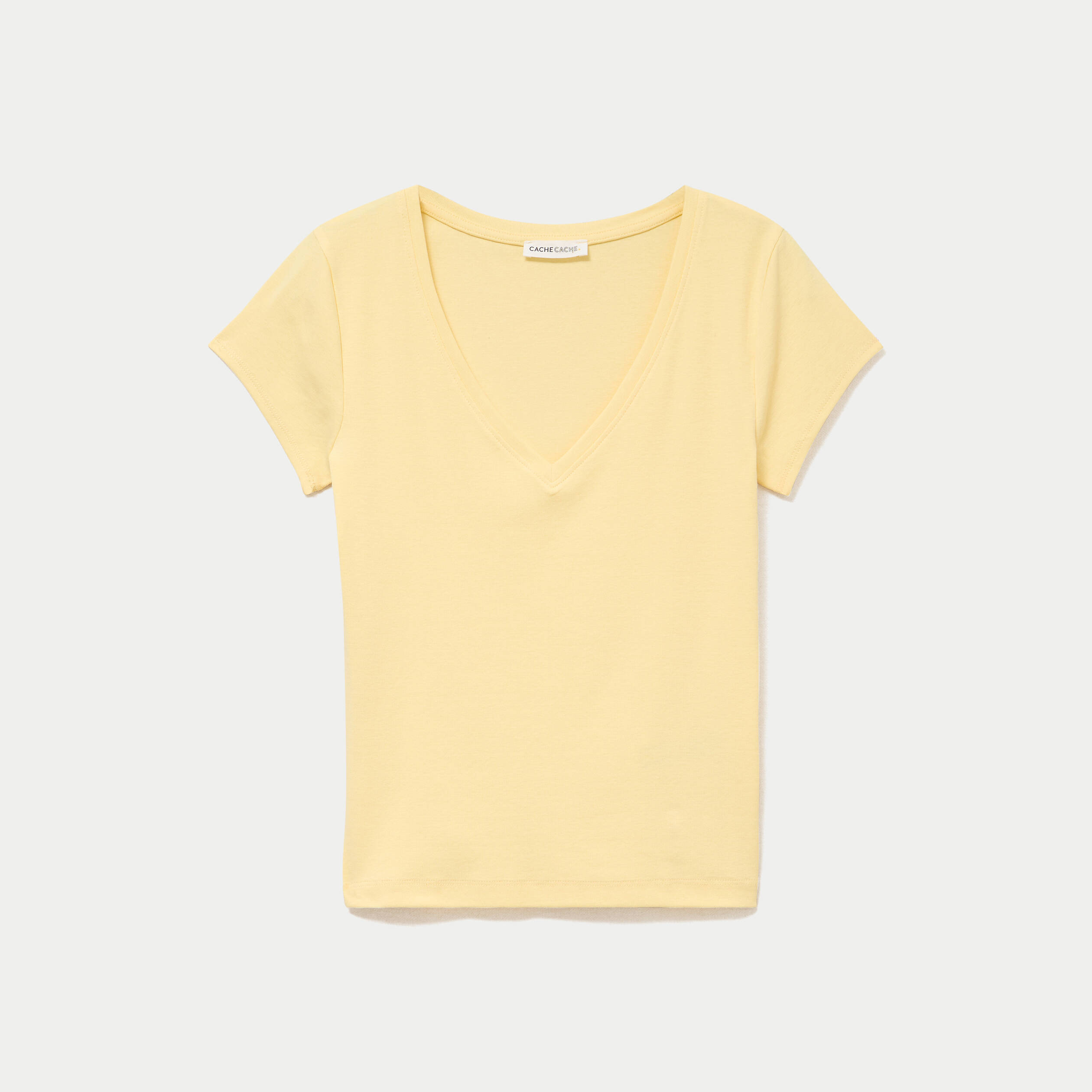 T-shirt ajust&eacute; col v manches courtes jaune clair femme
