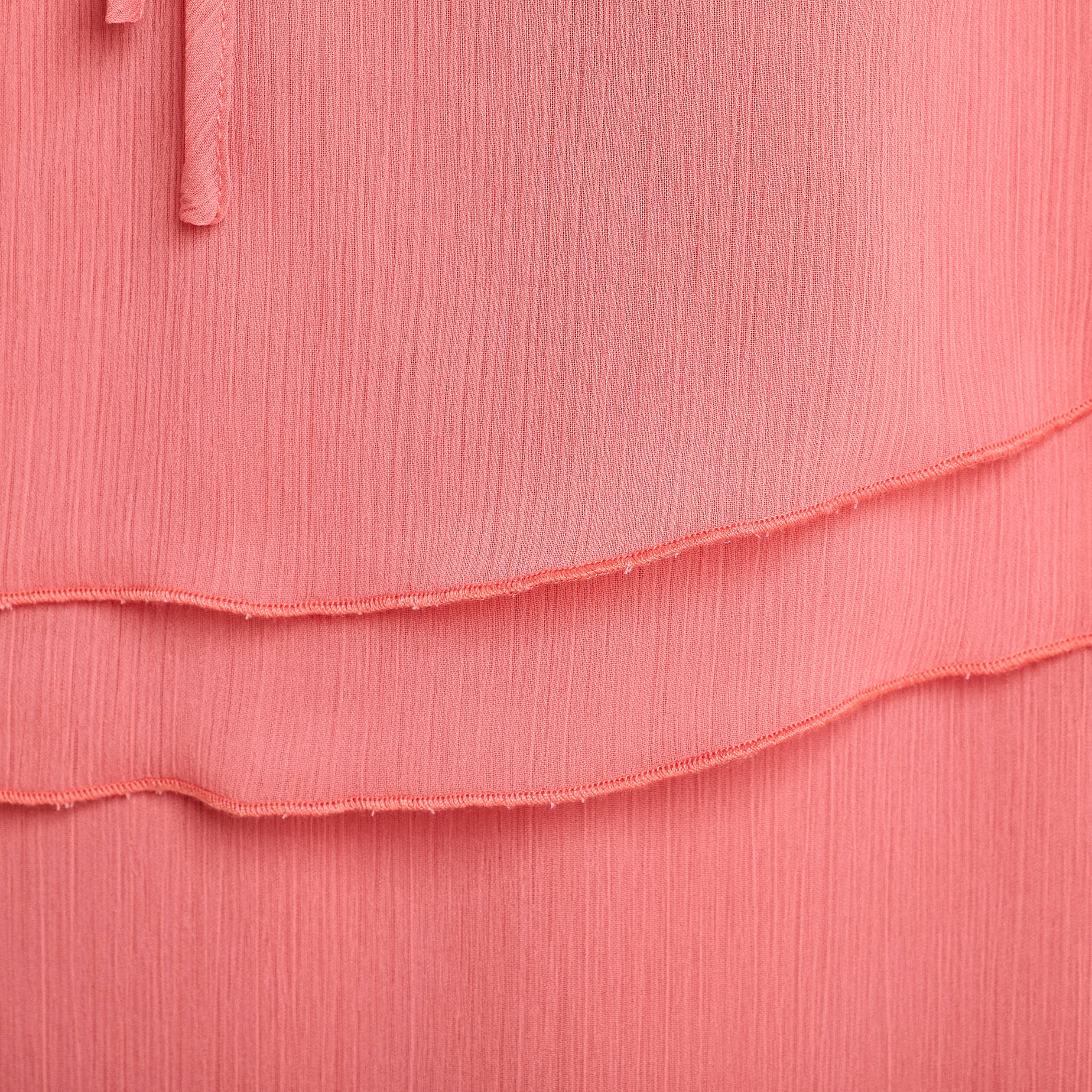 Robe longue droite volants rose pastel femme