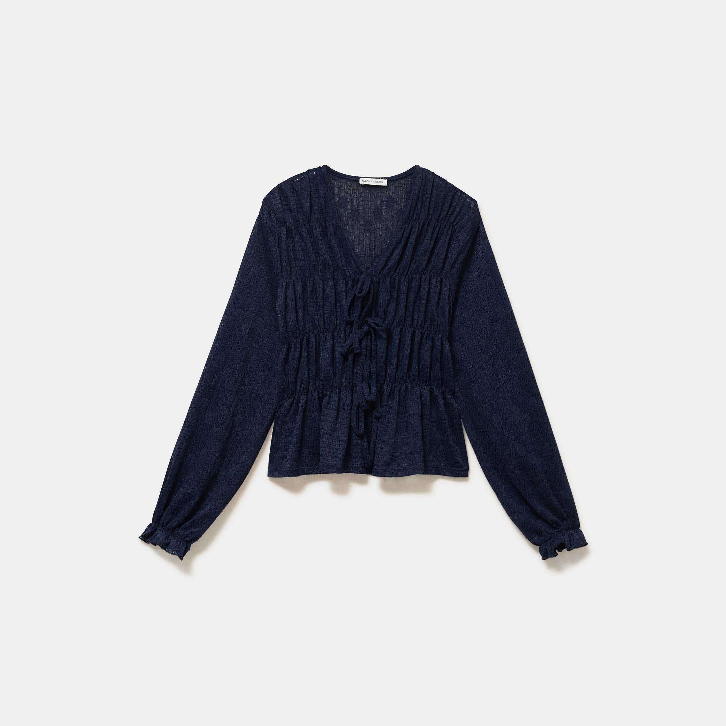 Blouse ajust&eacute;e col v dentelle pliss&eacute;e bleu marine femme