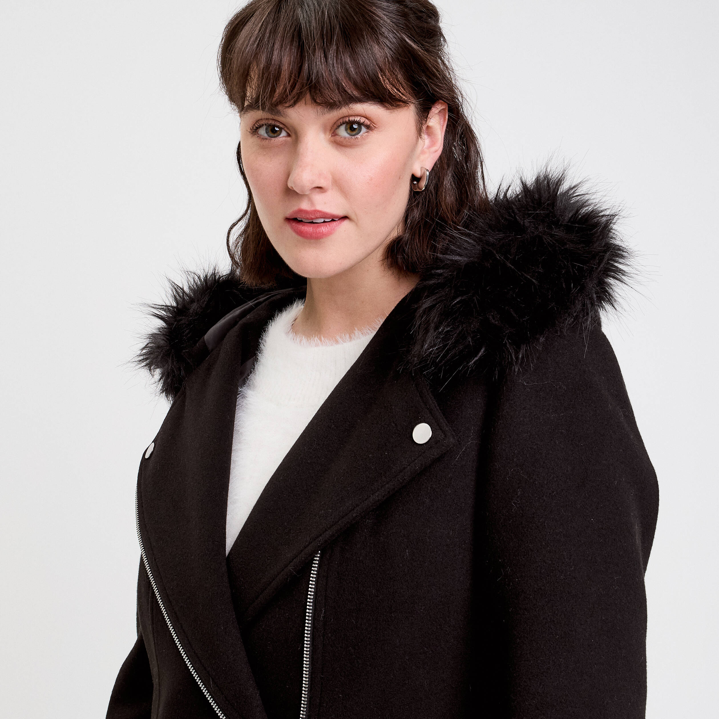 Manteau droit avec capuche noir femme