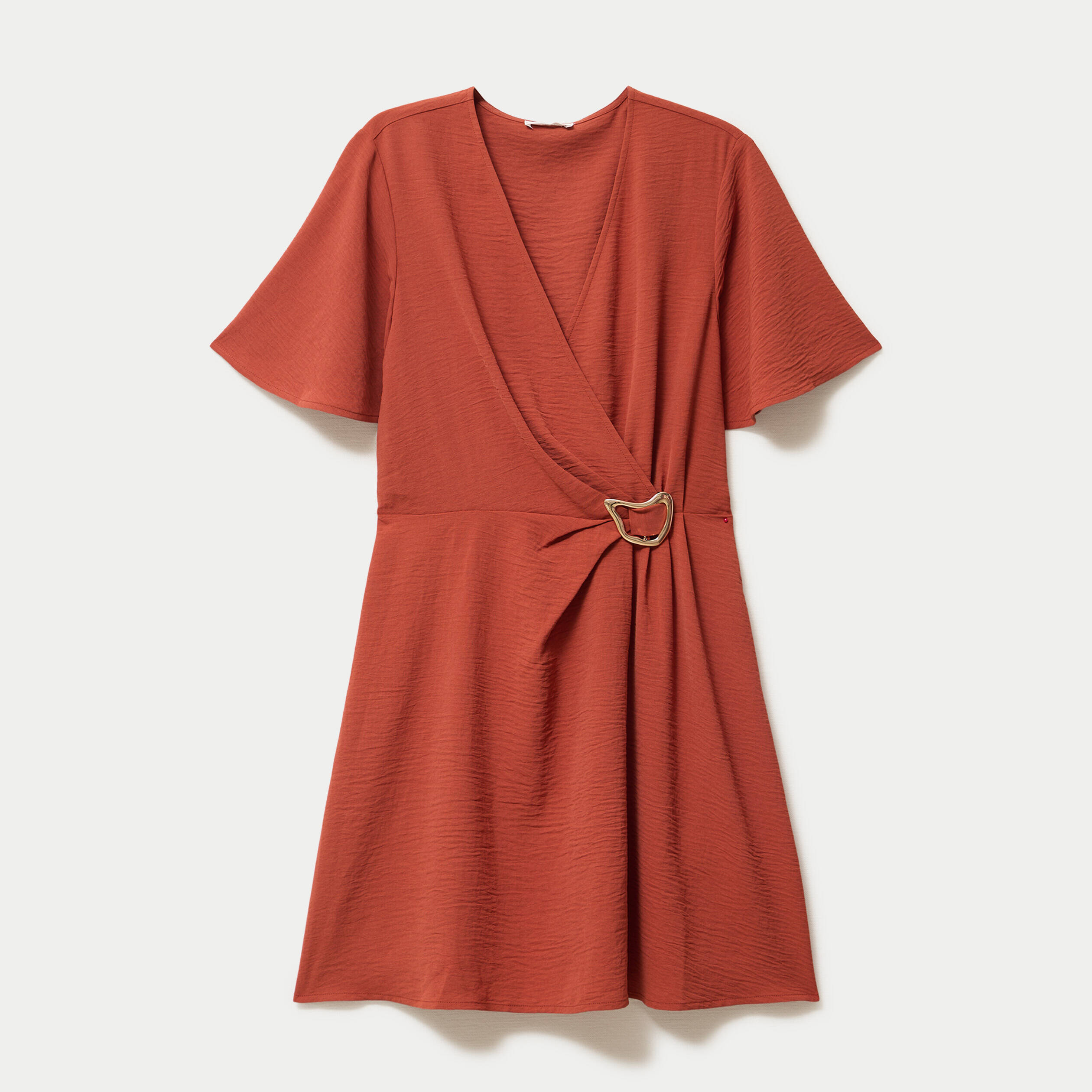 Robe courte &eacute;vas&eacute;e col v manches courtes orange fonc&eacute; femme