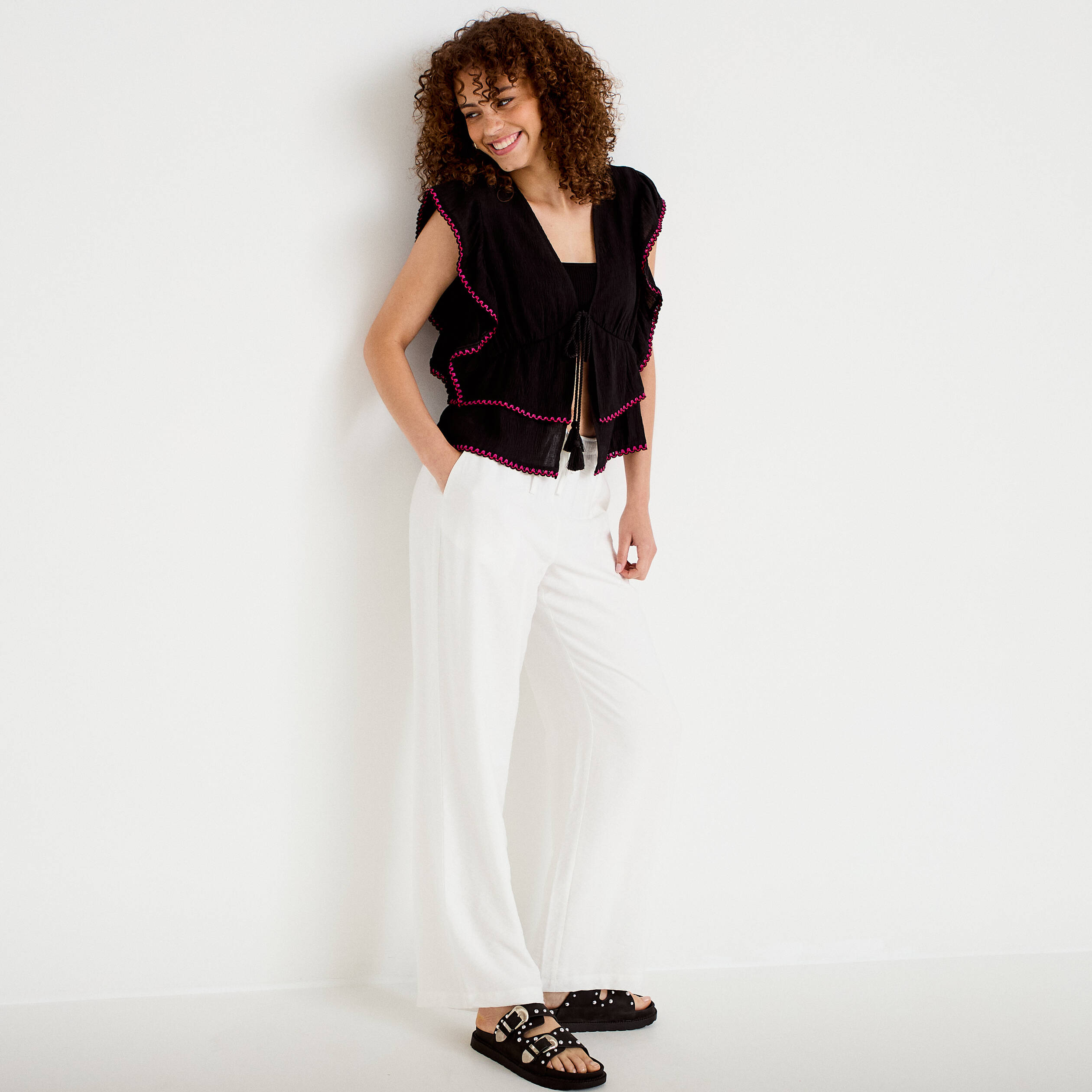 Pantalon large taille standard ecru femme