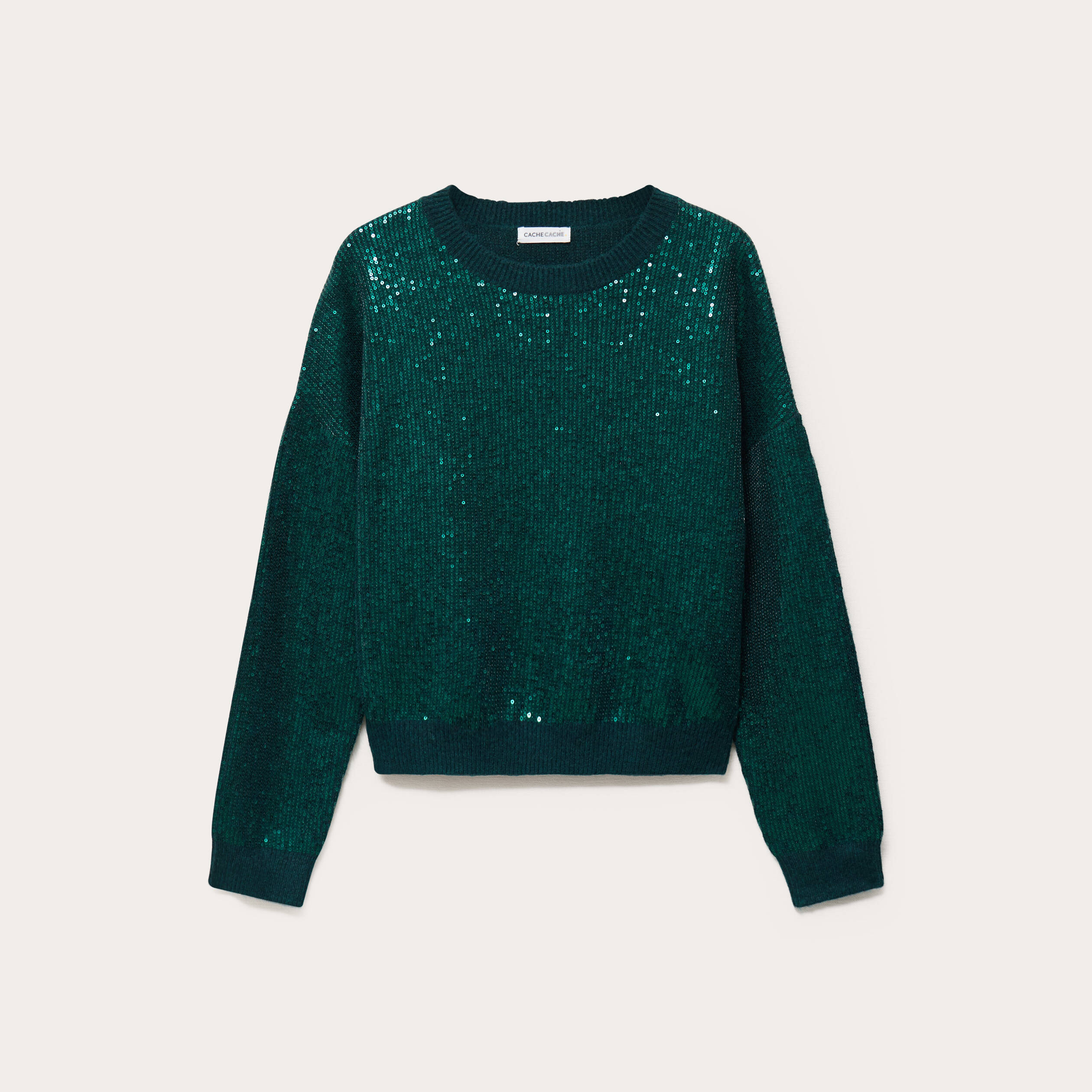 Pull manches longues avec sequins vert fonc&eacute; femme
