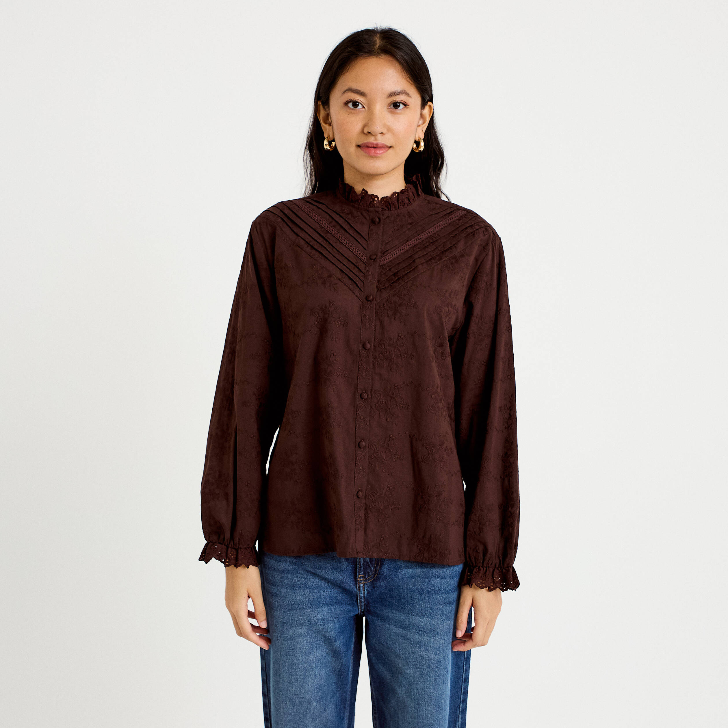 Blouse ample col montant manches longues marron fonc&eacute; femme