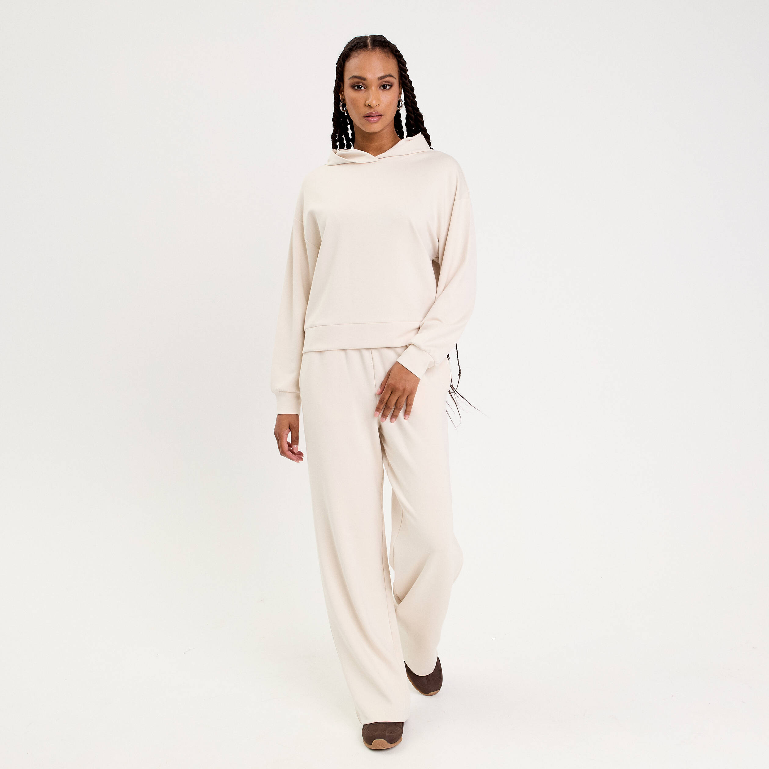 Sweat &agrave; capuche manches longues ecru femme