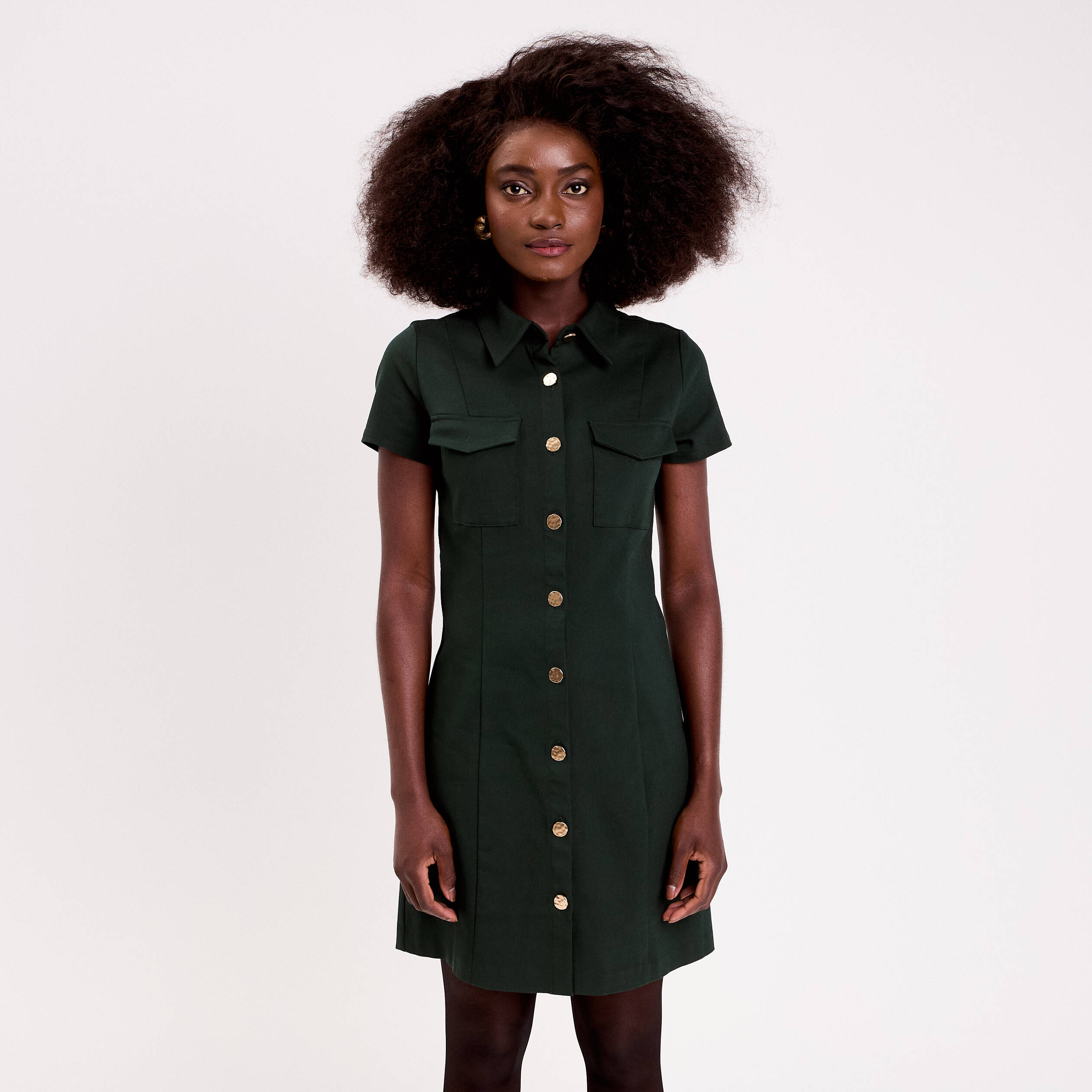 Robe droite boutonn&eacute;e vert fonc&eacute; femme