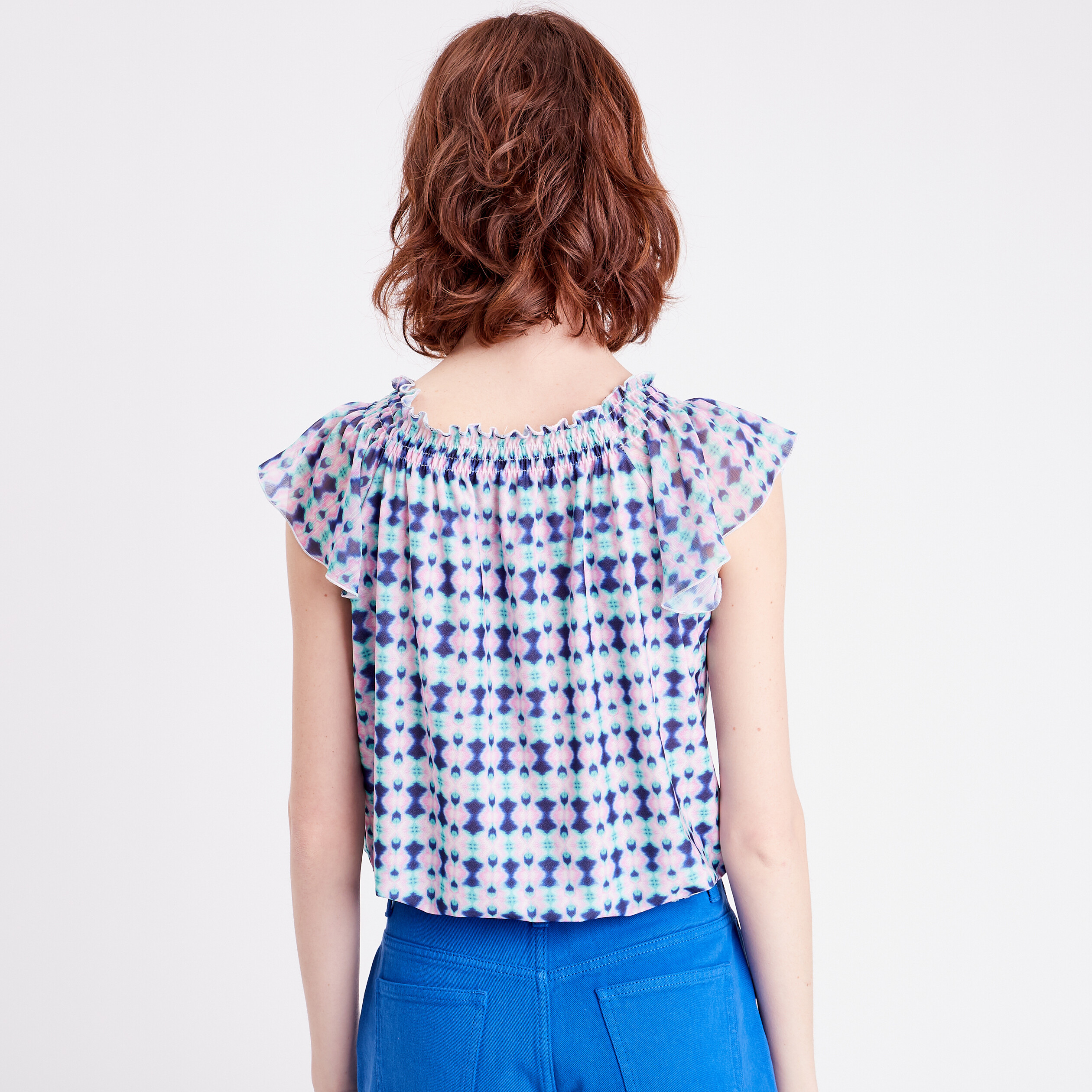 t shirt manches courtes smocke bleu fonce femme T-shirt manches courtes smocké bleu foncé femme