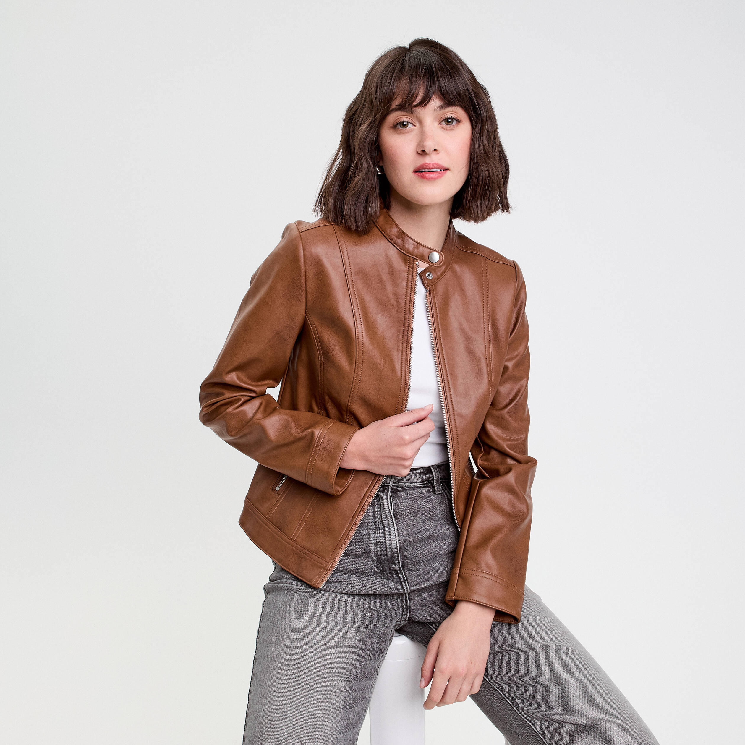 Veste droite zipp&eacute;e beige femme