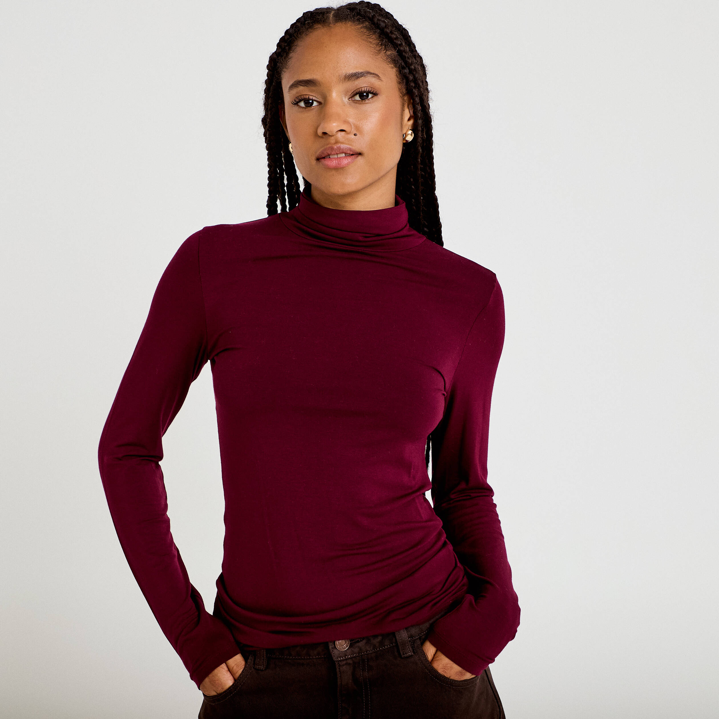 T-shirt uni &agrave; manches longues bordeaux femme
