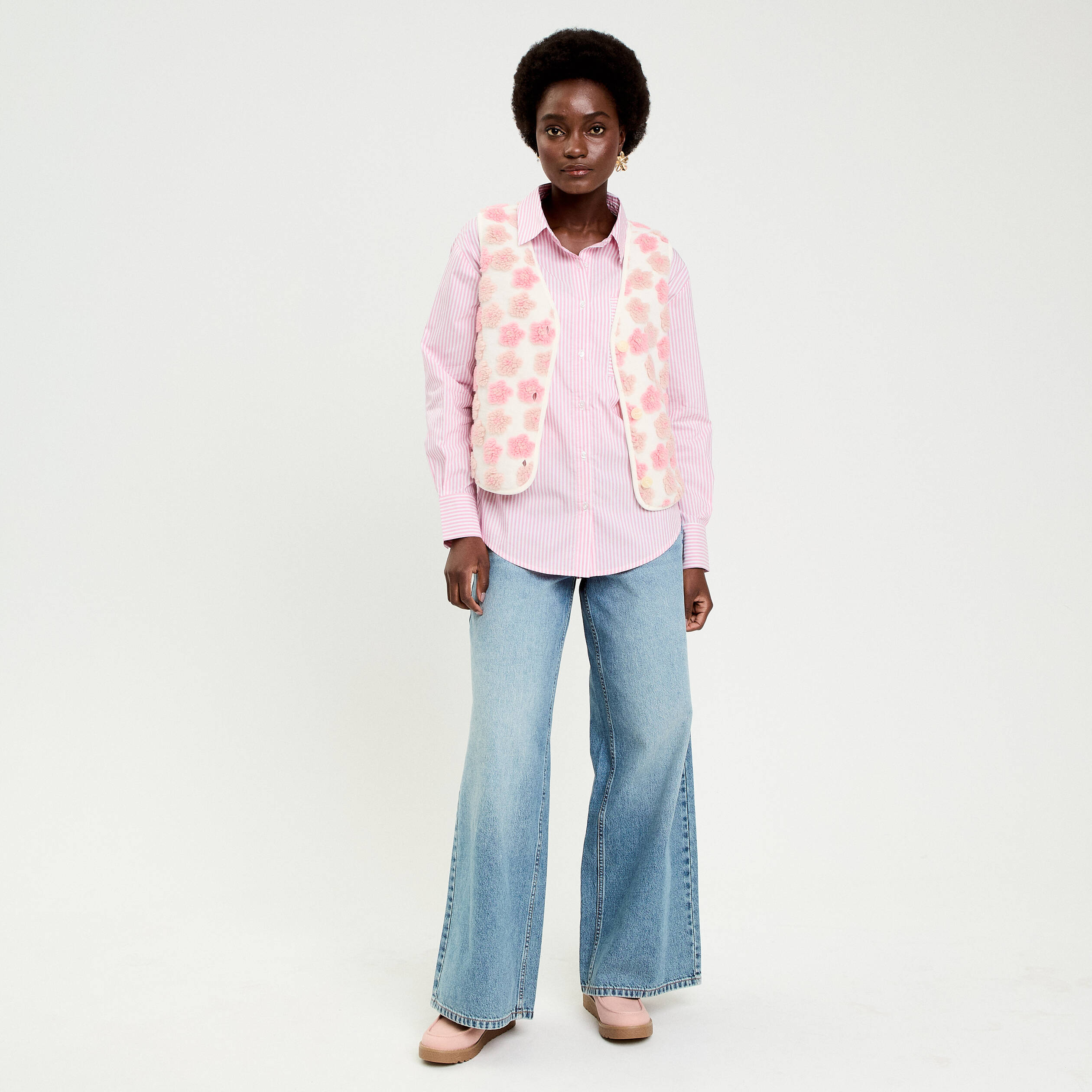 Gilet sans manches &agrave; motif effet polaire ecru femme