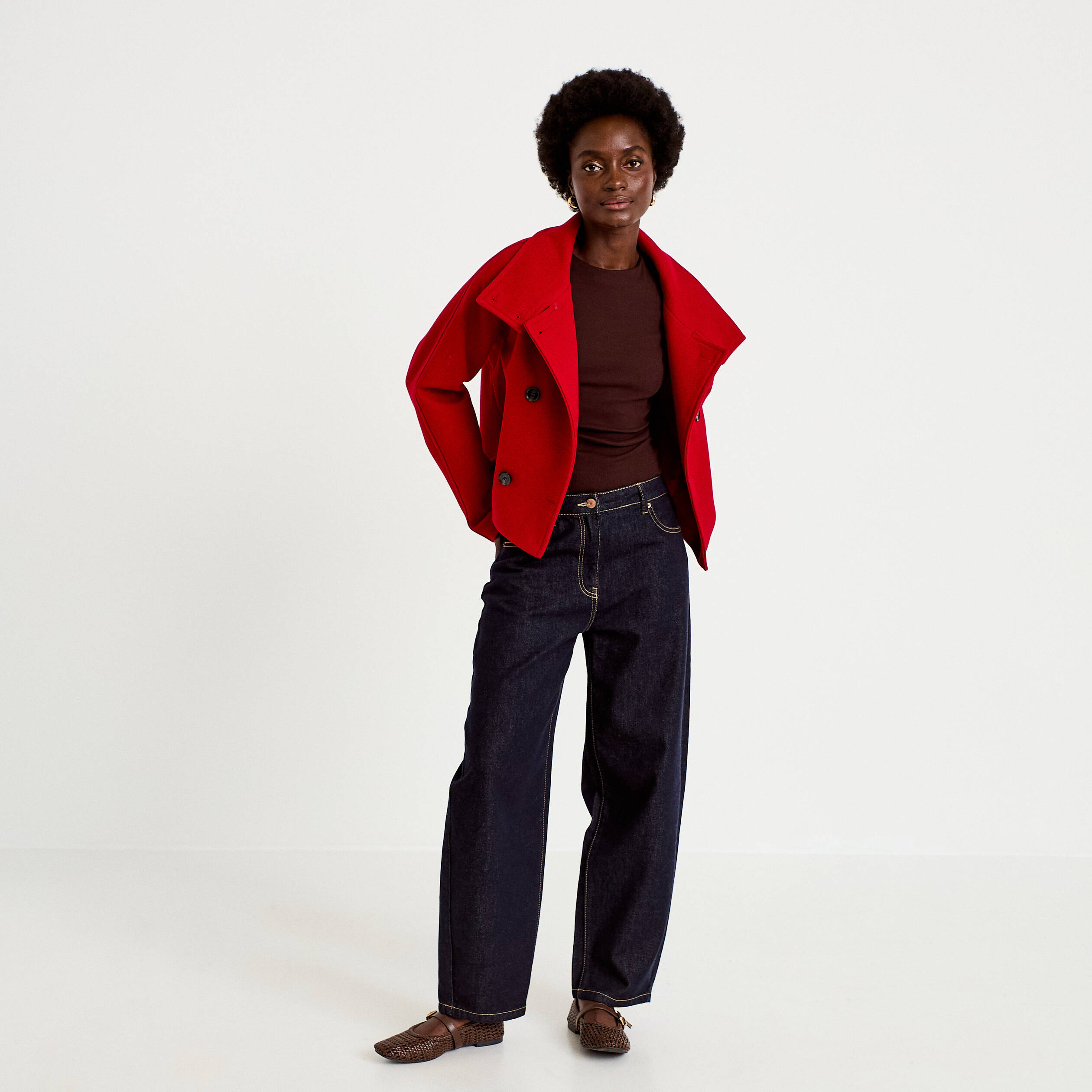 Veste chin&eacute;e col montant manches longues rouge femme