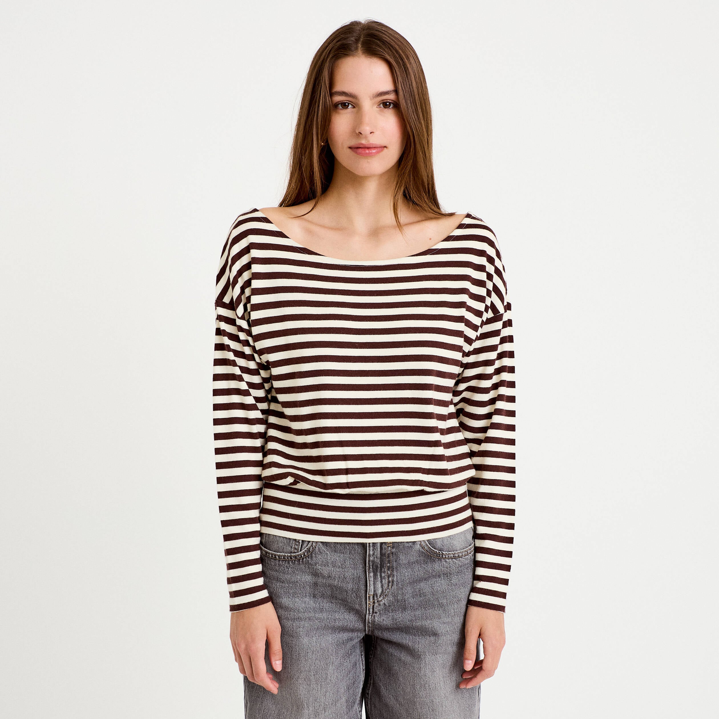 Pull col bateau manches longues blanc femme