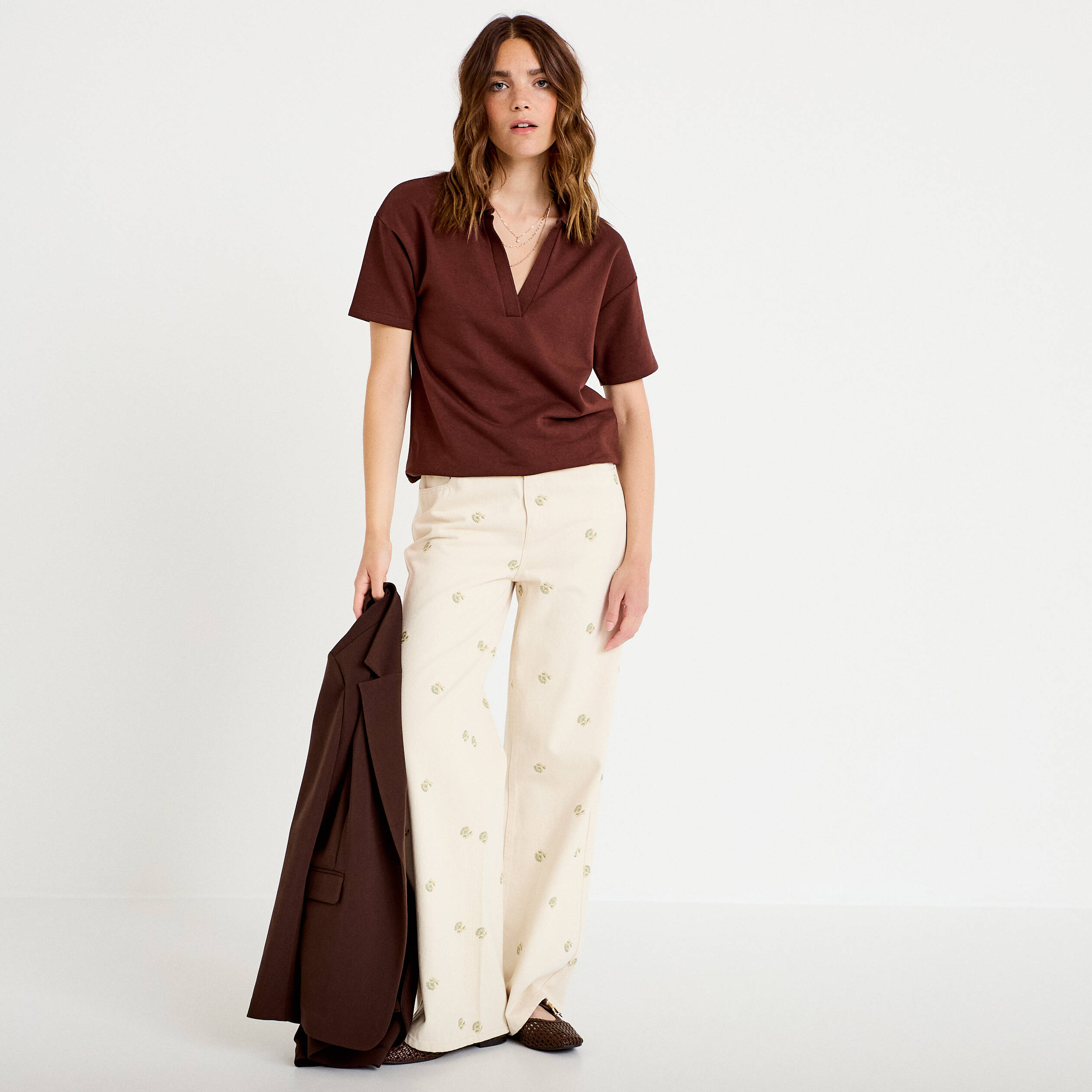 Sweat col chemise manches courtes marron femme