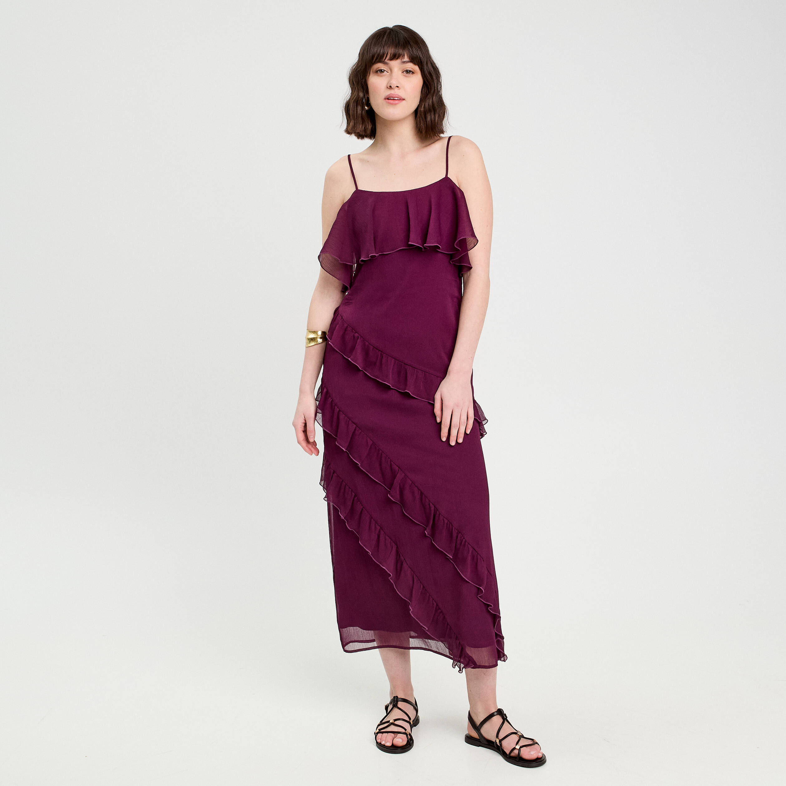 robe longue droite volants prune femme Robe longue droite volants prune femme