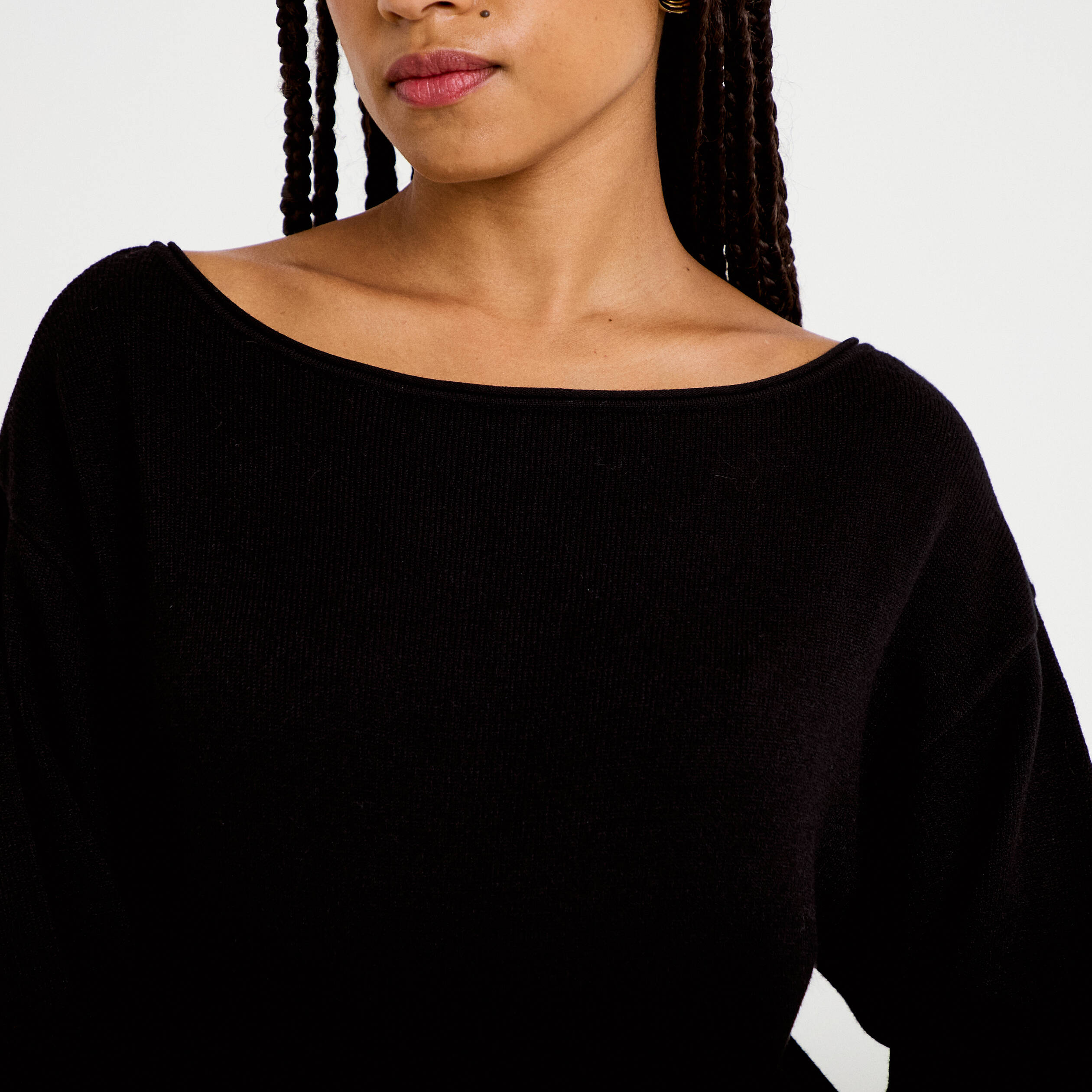 Pull oversize col bateau manches longues noir femme
