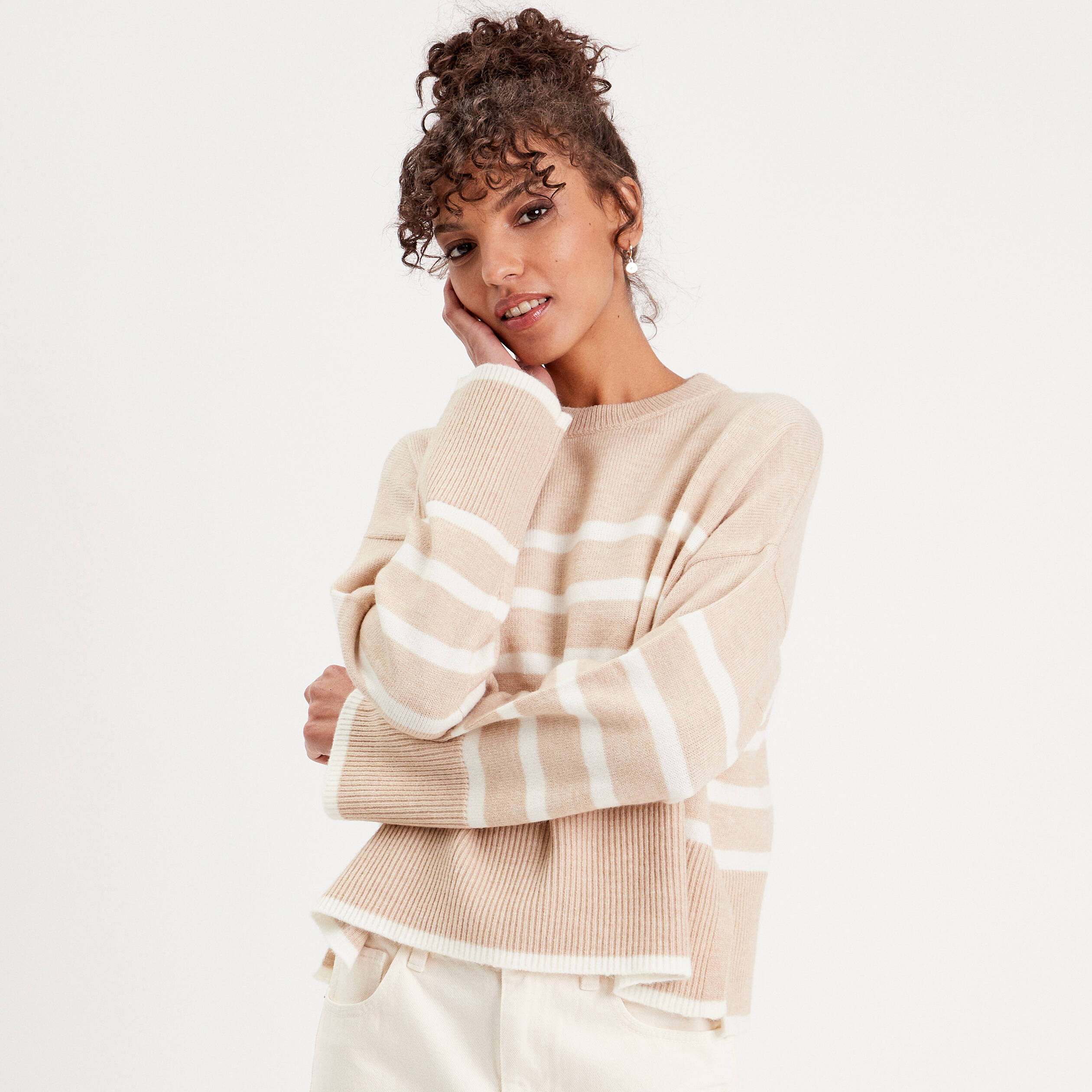 Pull oversize manches longues beige femme