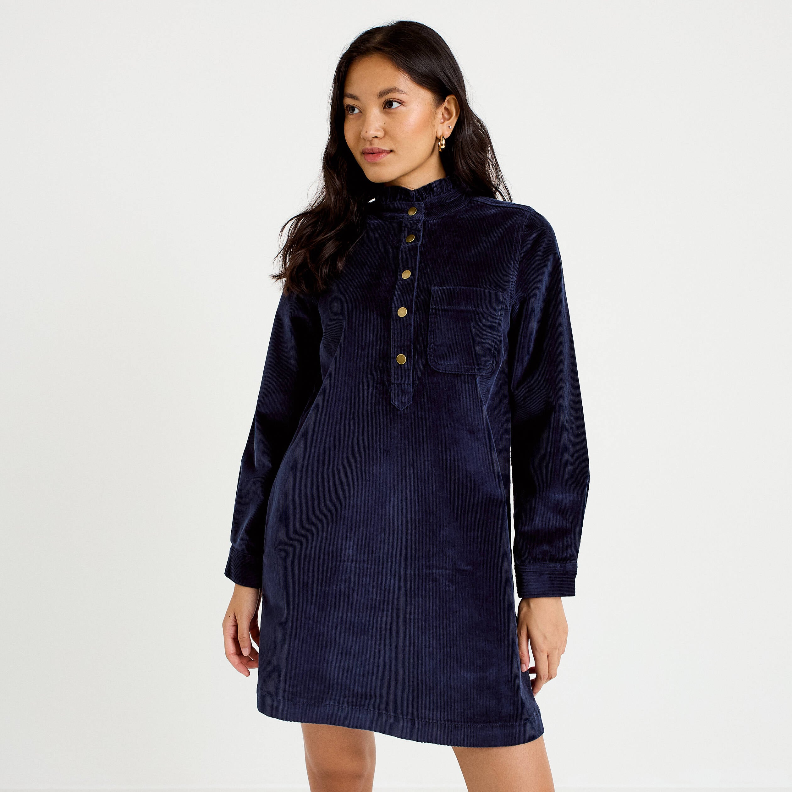 Robe droite velours col montant bleu marine femme