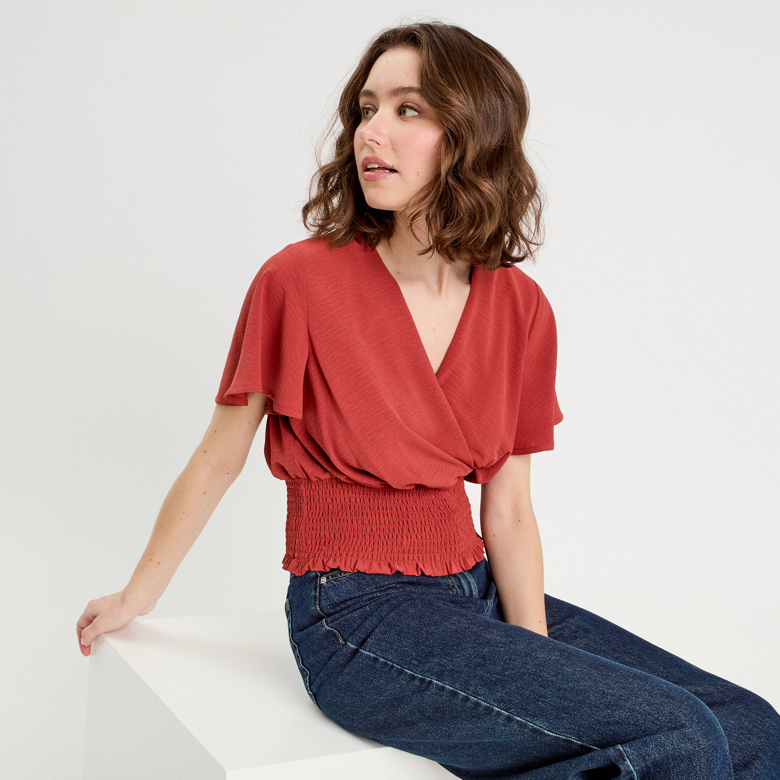 Blouse smock&eacute;e manches courtes vieux rose femme