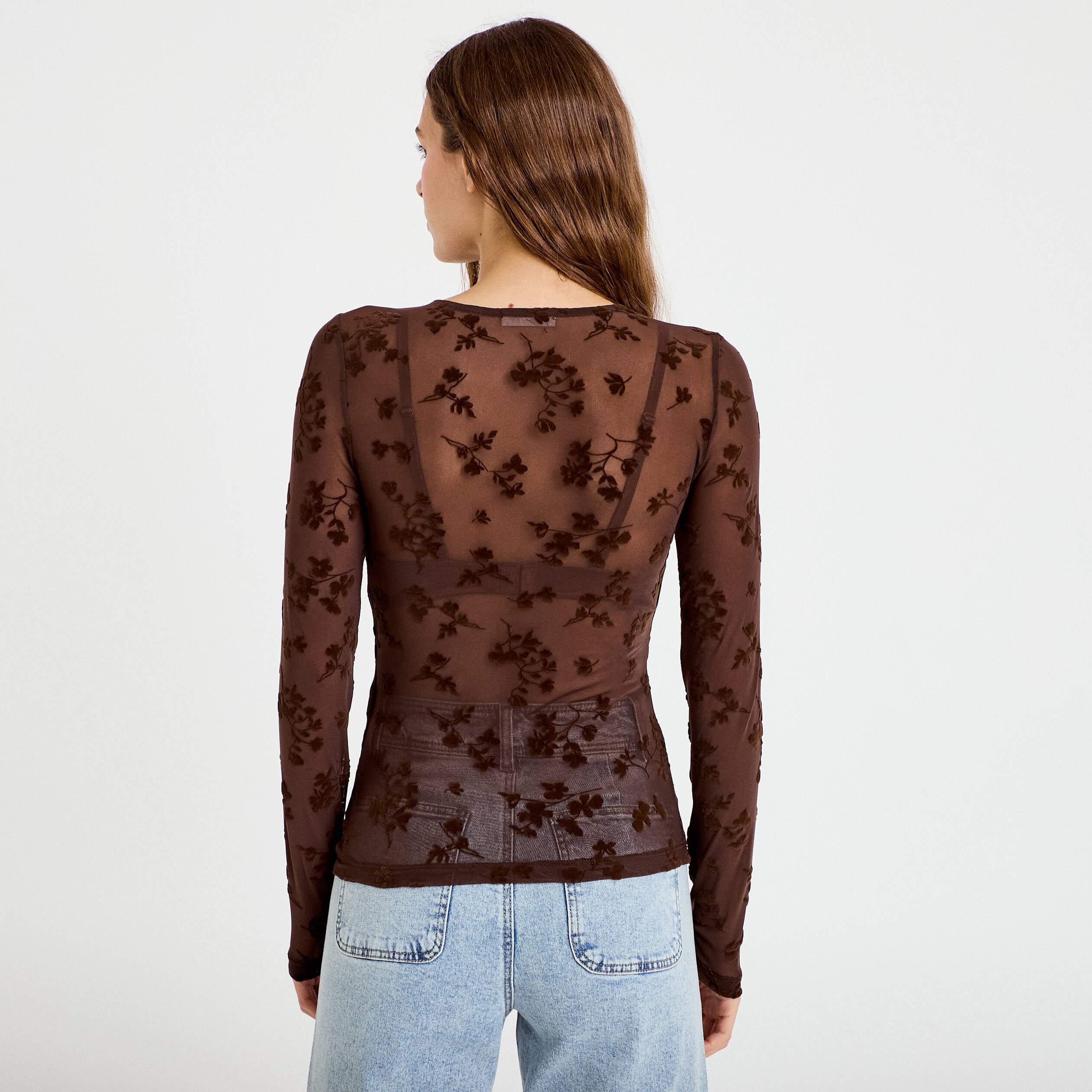 T-shirt ajust&eacute; manches longues marron cognac femme