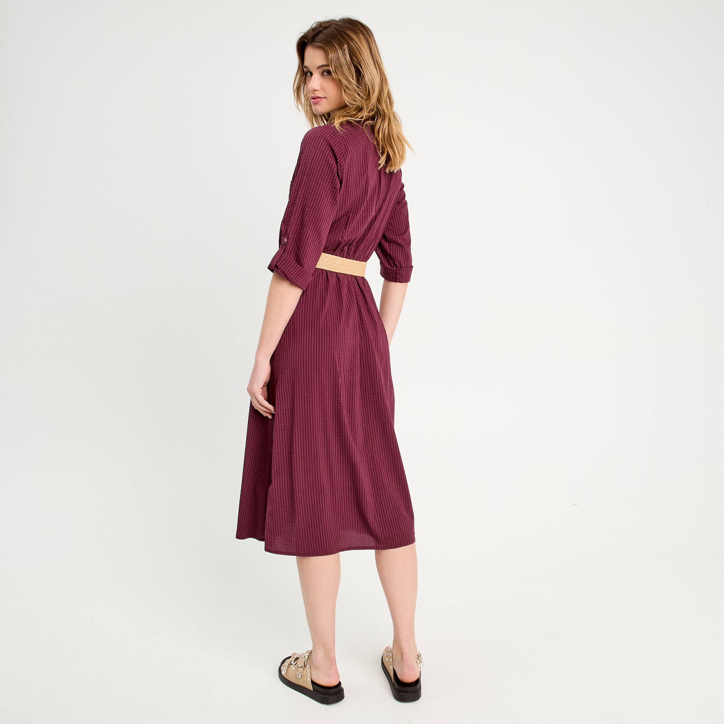 robe midi evasee ceinturee prune femme Robe midi évasée ceinturée prune femme