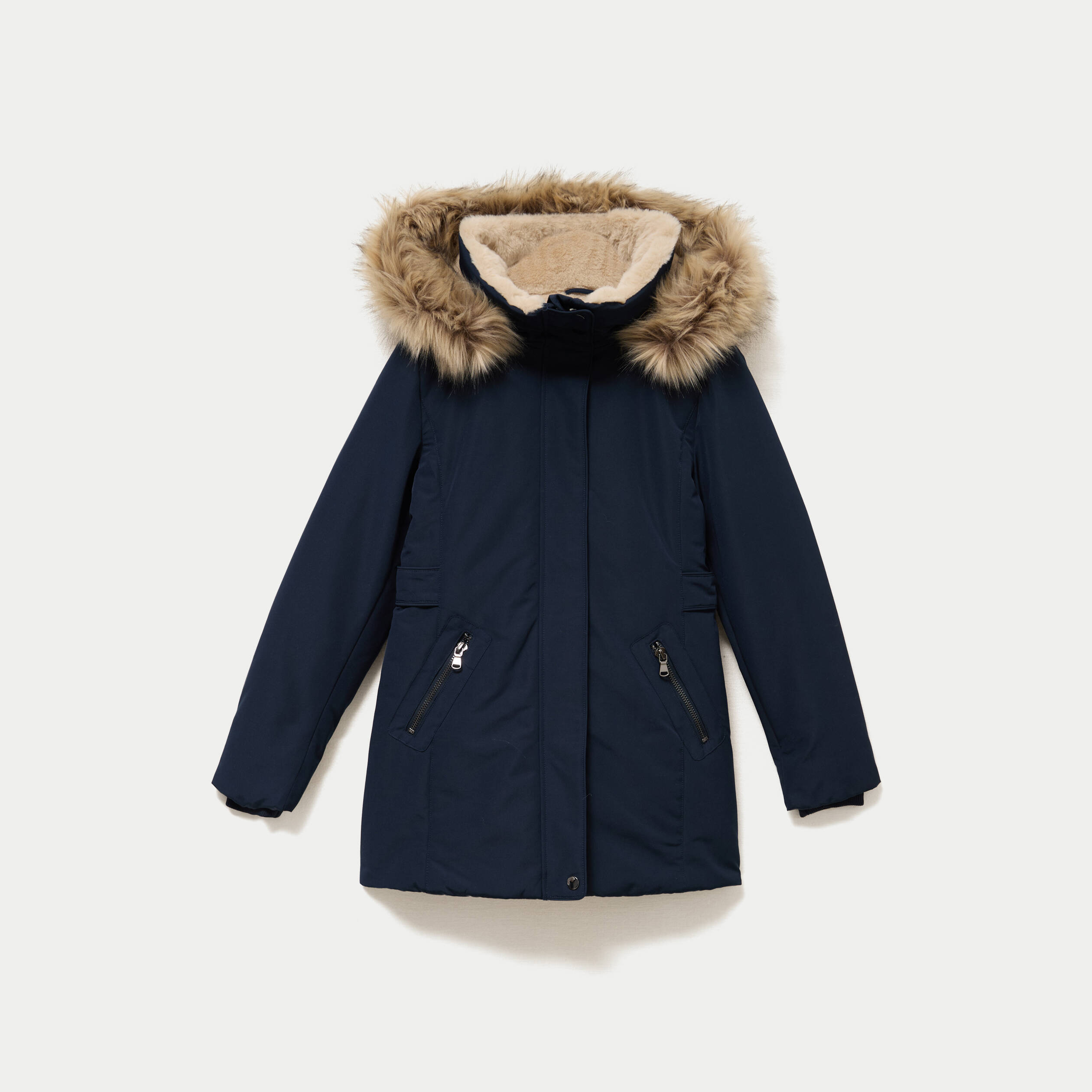 Parka &agrave; capuche fausse fourrure bleu marine femme