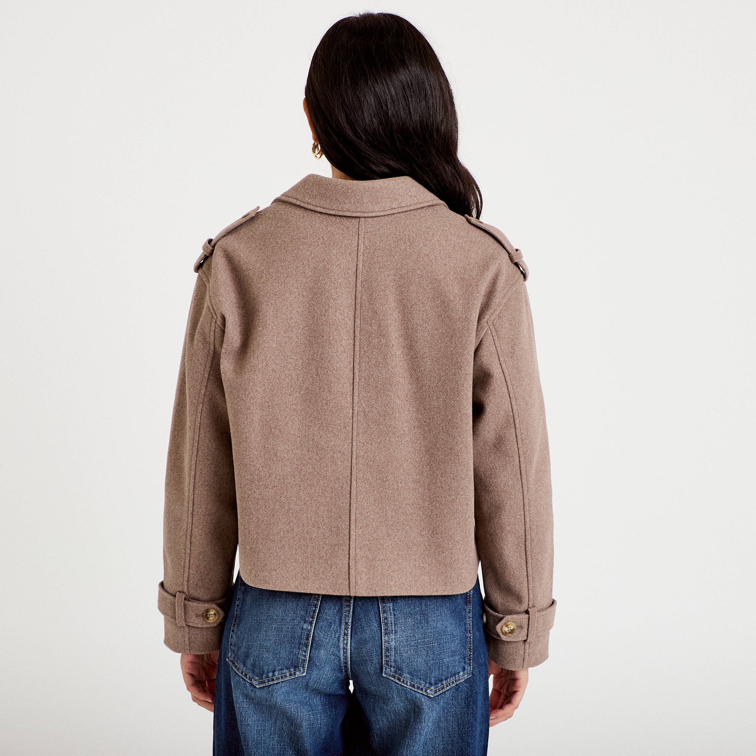 Trench droit court col tailleur taupe femme