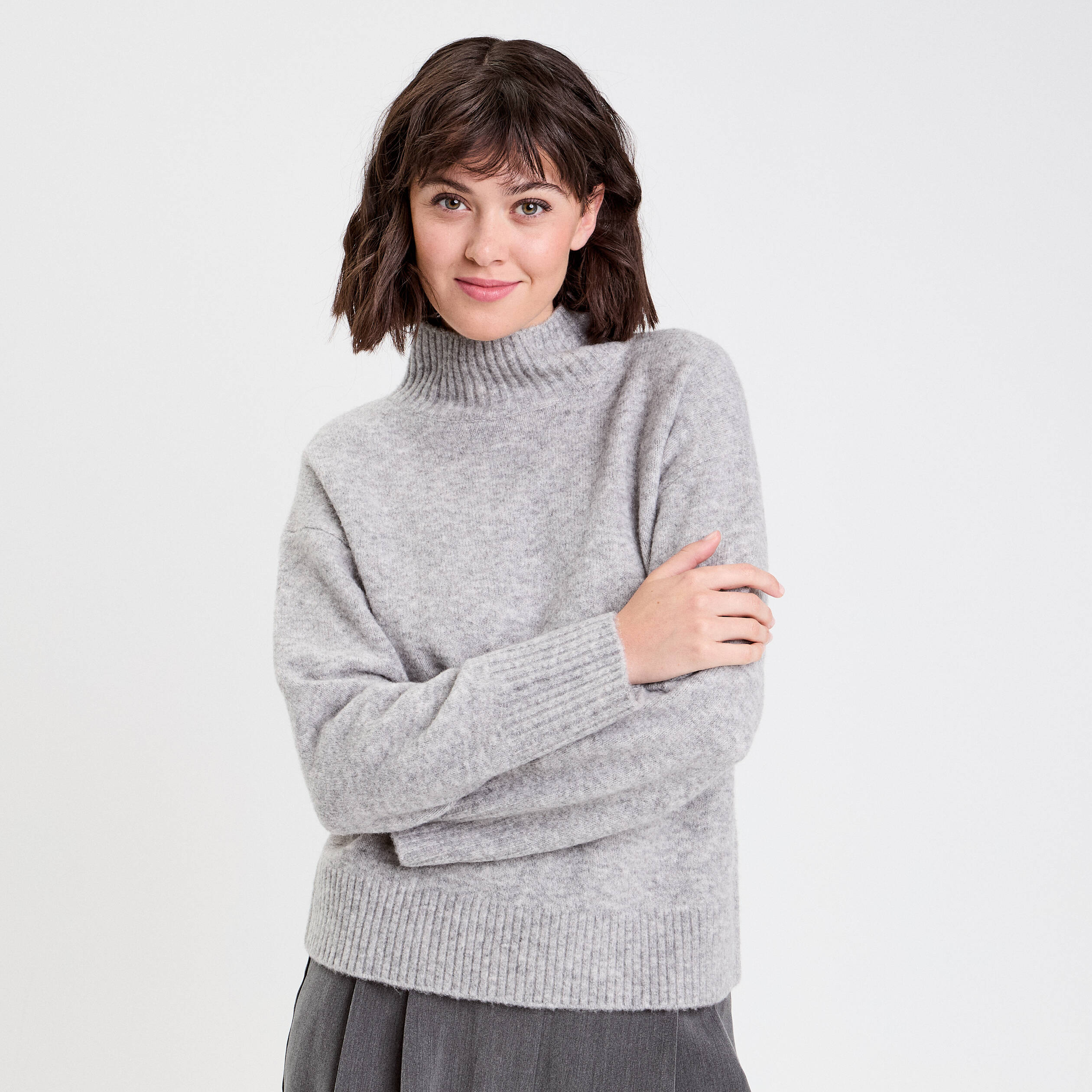 Pull col roulé manches longues gris clair femme Vibs