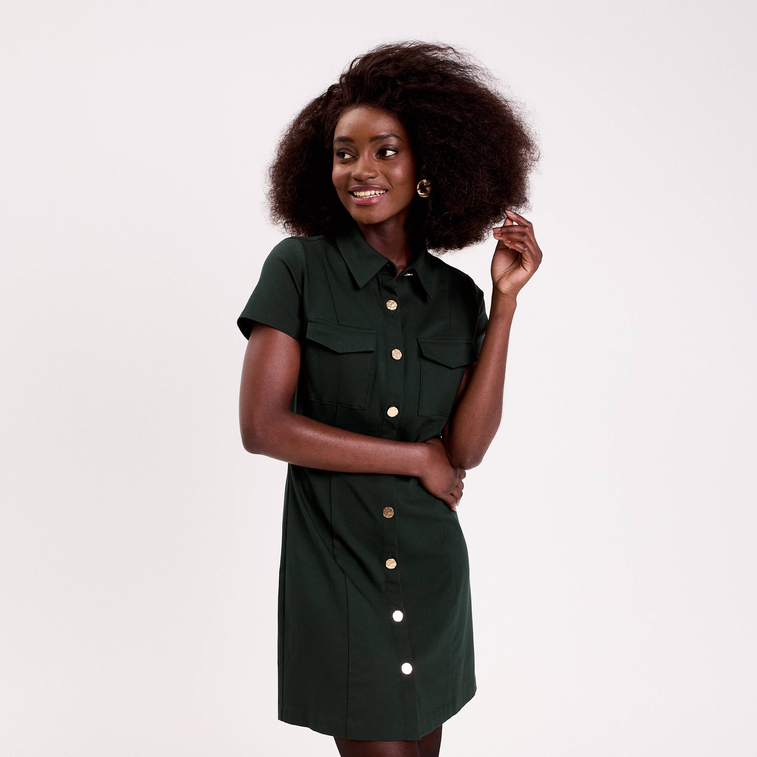 Robe droite boutonn&eacute;e vert fonc&eacute; femme